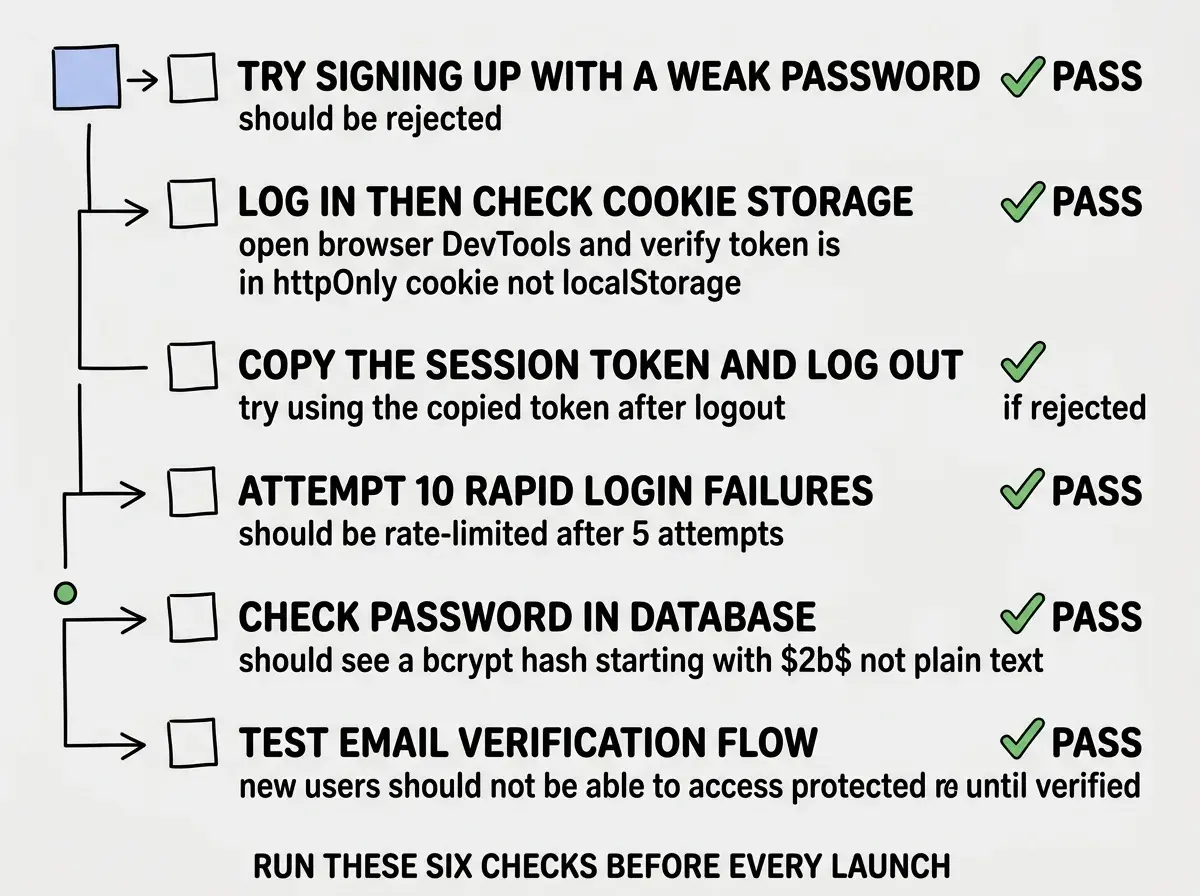 EXPLAINER DIAGRAM: A vertical checklist with six items, each with a checkbox and status indicator. Item 1: TRY SIGNING UP WITH A WEAK PASSWORD with subtitle should be rejected, green check for PASS. Item 2: LOG IN THEN CHECK COOKIE STORAGE with subtitle open browser DevTools and verify token is in httpOnly cookie not localStorage, green check for PASS. Item 3: COPY THE SESSION TOKEN AND LOG OUT with subtitle try using the copied token after logout, green check if rejected. Item 4: ATTEMPT 10 RAPID LOGIN FAILURES with subtitle should be rate-limited after 5 attempts, green check for PASS. Item 5: CHECK PASSWORD IN DATABASE with subtitle should see a bcrypt hash starting with $2b$ not plain text, green check for PASS. Item 6: TEST EMAIL VERIFICATION FLOW with subtitle new users should not be able to access protected routes until verified, green check for PASS. Footer text: RUN THESE SIX CHECKS BEFORE EVERY LAUNCH.