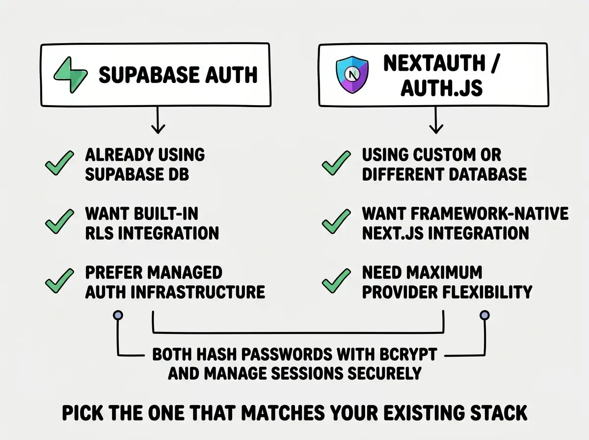 EXPLAINER DIAGRAM: A two-column decision tree. Left column labeled SUPABASE AUTH with a Supabase logo icon. Below it, three green checkmark items: already using Supabase DB, want built-in RLS integration, prefer managed auth infrastructure. Right column labeled NEXTAUTH / AUTH.JS with a shield icon. Below it, three green checkmark items: using custom or different database, want framework-native Next.js integration, need maximum provider flexibility. A horizontal line connects both columns at the bottom with text reading BOTH HASH PASSWORDS WITH BCRYPT AND MANAGE SESSIONS SECURELY. Footer text: PICK THE ONE THAT MATCHES YOUR EXISTING STACK.