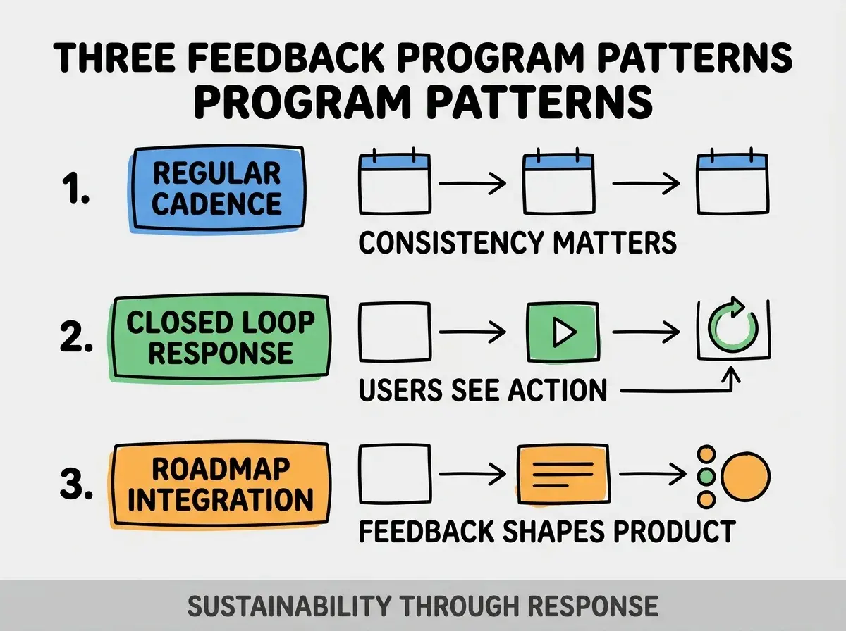 Clean modern flat infographic on light gray background. Top title bold black: THREE FEEDBACK PROGRAM PATTERNS. Single vertical numbered list with three rows. Row 1 blue badge REGULAR CADENCE with subtitle CONSISTENCY MATTERS. Row 2 green badge CLOSED LOOP RESPONSE with subtitle USERS SEE ACTION. Row 3 orange badge ROADMAP INTEGRATION with subtitle FEEDBACK SHAPES PRODUCT. Footer text dark gray: SUSTAINABILITY THROUGH RESPONSE. Each label appears exactly once. No duplicated text.