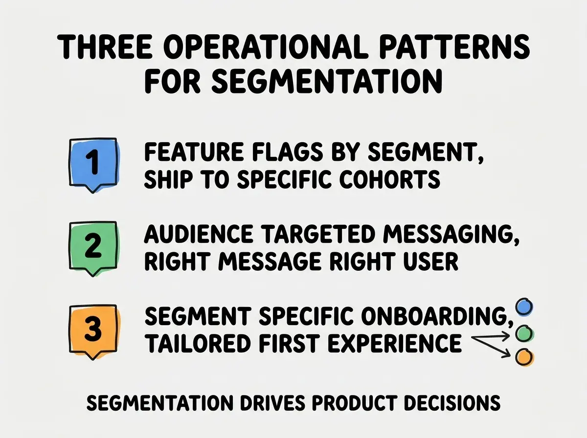 EXPLAINER DIAGRAM titled THREE OPERATIONAL PATTERNS FOR SEGMENTATION shown as a vertical numbered list on a slate background. Three rows. Row 1 blue badge FEATURE FLAGS BY SEGMENT sublabel SHIP TO SPECIFIC COHORTS. Row 2 green badge AUDIENCE TARGETED MESSAGING sublabel RIGHT MESSAGE RIGHT USER. Row 3 orange badge SEGMENT SPECIFIC ONBOARDING sublabel TAILORED FIRST EXPERIENCE. Footer reads SEGMENTATION DRIVES PRODUCT DECISIONS.