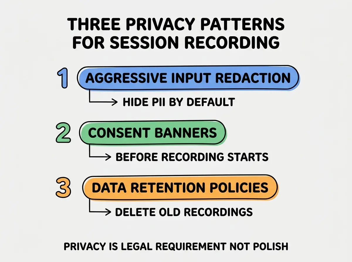 EXPLAINER DIAGRAM titled THREE PRIVACY PATTERNS FOR SESSION RECORDING shown as a vertical numbered list on a slate background. Three rows. Row 1 blue badge AGGRESSIVE INPUT REDACTION sublabel HIDE PII BY DEFAULT. Row 2 green badge CONSENT BANNERS sublabel BEFORE RECORDING STARTS. Row 3 orange badge DATA RETENTION POLICIES sublabel DELETE OLD RECORDINGS. Footer reads PRIVACY IS LEGAL REQUIREMENT NOT POLISH.