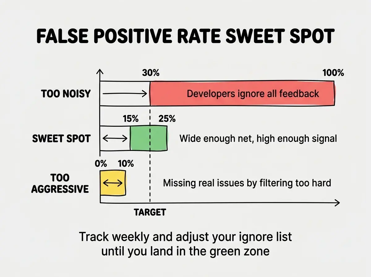 Horizontal bar chart diagram with header FALSE POSITIVE RATE SWEET SPOT. Three horizontal bars stacked vertically. Top bar labeled TOO NOISY spans 30% to 100% in red with text Developers ignore all feedback. Middle bar labeled SWEET SPOT spans 15% to 25% in green with text Wide enough net, high enough signal. Bottom bar labeled TOO AGGRESSIVE spans 0% to 10% in yellow with text Missing real issues by filtering too hard. A vertical dashed line at 20% is labeled TARGET. Below the chart, text reads Track weekly and adjust your ignore list until you land in the green zone.
