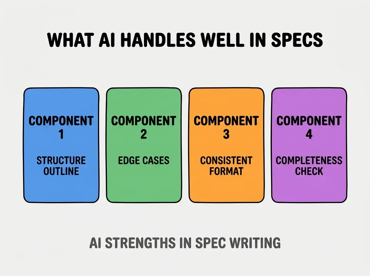 Clean modern flat infographic on light gray background. Top center bold black title text: WHAT AI HANDLES WELL IN SPECS. Below title, four equal sized colored rounded rectangle cards arranged horizontally. Card 1 blue: large bold text COMPONENT 1 then smaller text STRUCTURE OUTLINE. Card 2 green: large bold text COMPONENT 2 then smaller text EDGE CASES. Card 3 orange: large bold text COMPONENT 3 then smaller text CONSISTENT FORMAT. Card 4 purple: large bold text COMPONENT 4 then smaller text COMPLETENESS CHECK. Single footer line below cards in dark gray text: AI STRENGTHS IN SPEC WRITING. Nothing else on canvas. No text outside cards or below cards.