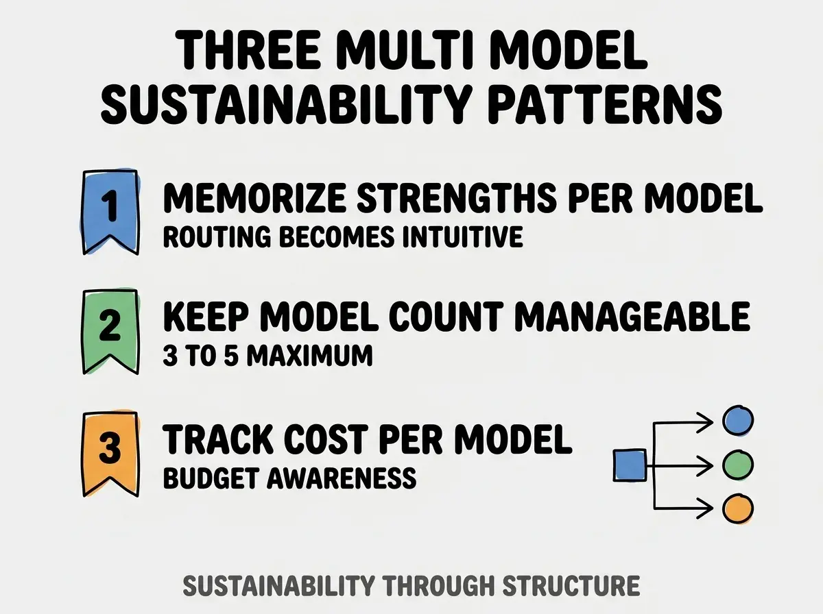 Clean modern flat infographic on light gray background. Top title bold black: THREE MULTI MODEL SUSTAINABILITY PATTERNS. Single vertical numbered list with three rows. Row 1 blue badge MEMORIZE STRENGTHS PER MODEL with subtitle ROUTING BECOMES INTUITIVE. Row 2 green badge KEEP MODEL COUNT MANAGEABLE with subtitle 3 TO 5 MAXIMUM. Row 3 orange badge TRACK COST PER MODEL with subtitle BUDGET AWARENESS. Footer text dark gray: SUSTAINABILITY THROUGH STRUCTURE. Each label appears exactly once. No duplicated text.
