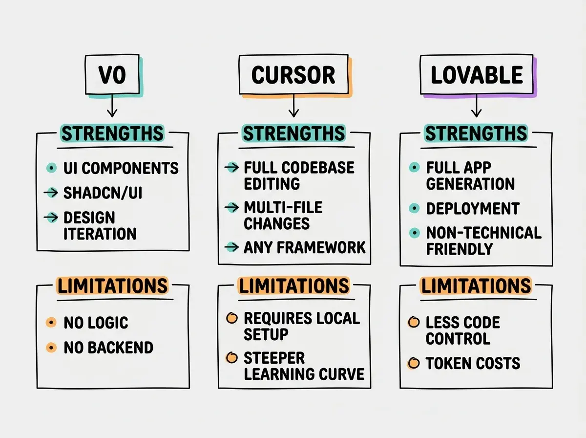 Explainer diagram showing a horizontal comparison chart with three columns labeled v0, Cursor, and Lovable. Under v0 the strengths listed are UI components, shadcn/ui, and design iteration, with limitations listed as no logic and no backend. Under Cursor the strengths are full codebase editing, multi-file changes, and any framework, with limitations listed as requires local setup and steeper learning curve. Under Lovable the strengths are full app generation, deployment, and non-technical friendly, with limitations listed as less code control and token costs.