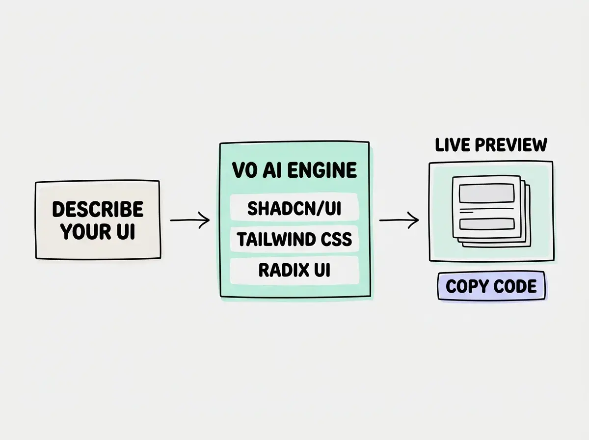 Explainer diagram showing v0's generation pipeline with three stages: on the left a prompt input box with the text Describe your UI, in the center a processing block labeled v0 AI Engine with three sub-labels reading shadcn/ui, Tailwind CSS, and Radix UI, and on the right a live preview panel showing a rendered component with a Copy Code button below it