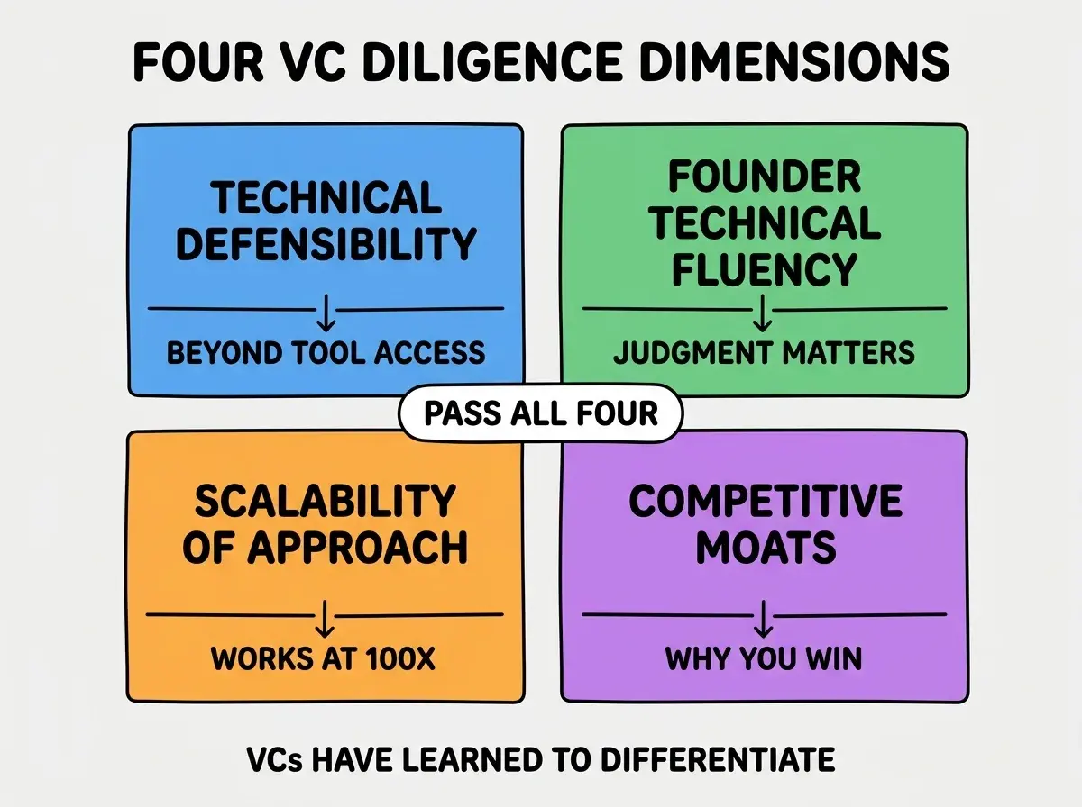 EXPLAINER DIAGRAM titled FOUR VC DILIGENCE DIMENSIONS shown as a 2x2 grid of quadrants on a slate background. Top left blue TECHNICAL DEFENSIBILITY sublabel BEYOND TOOL ACCESS. Top right green FOUNDER TECHNICAL FLUENCY sublabel JUDGMENT MATTERS. Bottom left orange SCALABILITY OF APPROACH sublabel WORKS AT 100X. Bottom right purple COMPETITIVE MOATS sublabel WHY YOU WIN. Center label PASS ALL FOUR. Footer reads VCS HAVE LEARNED TO DIFFERENTIATE.