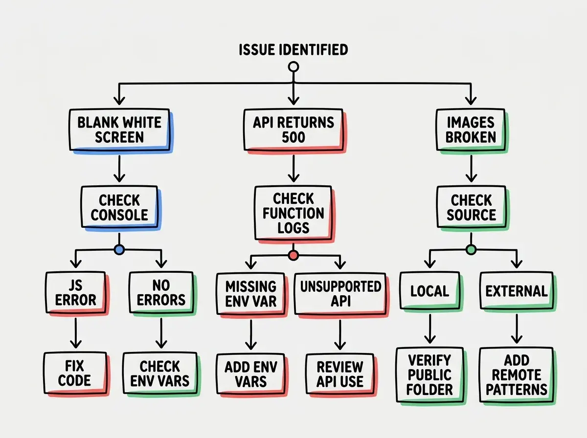 EXPLAINER DIAGRAM: A troubleshooting flowchart with three starting points at the top. First path: BLANK WHITE SCREEN flows to CHECK BROWSER CONSOLE, which branches to JS ERROR FOUND (leading to FIX CODE AND REDEPLOY) and NO ERRORS (leading to CHECK ENVIRONMENT VARIABLES). Second path: API RETURNS 500 flows to CHECK VERCEL FUNCTION LOGS, which branches to MISSING ENV VAR (leading to ADD TO VERCEL DASHBOARD) and UNSUPPORTED API (leading to FIND ALTERNATIVE PACKAGE). Third path: IMAGES BROKEN flows to CHECK IMAGE SOURCE, which branches to LOCAL IMAGES (leading to VERIFY IN PUBLIC FOLDER) and EXTERNAL IMAGES (leading to ADD TO NEXT.CONFIG REMOTE PATTERNS). Each endpoint has a green checkmark.
