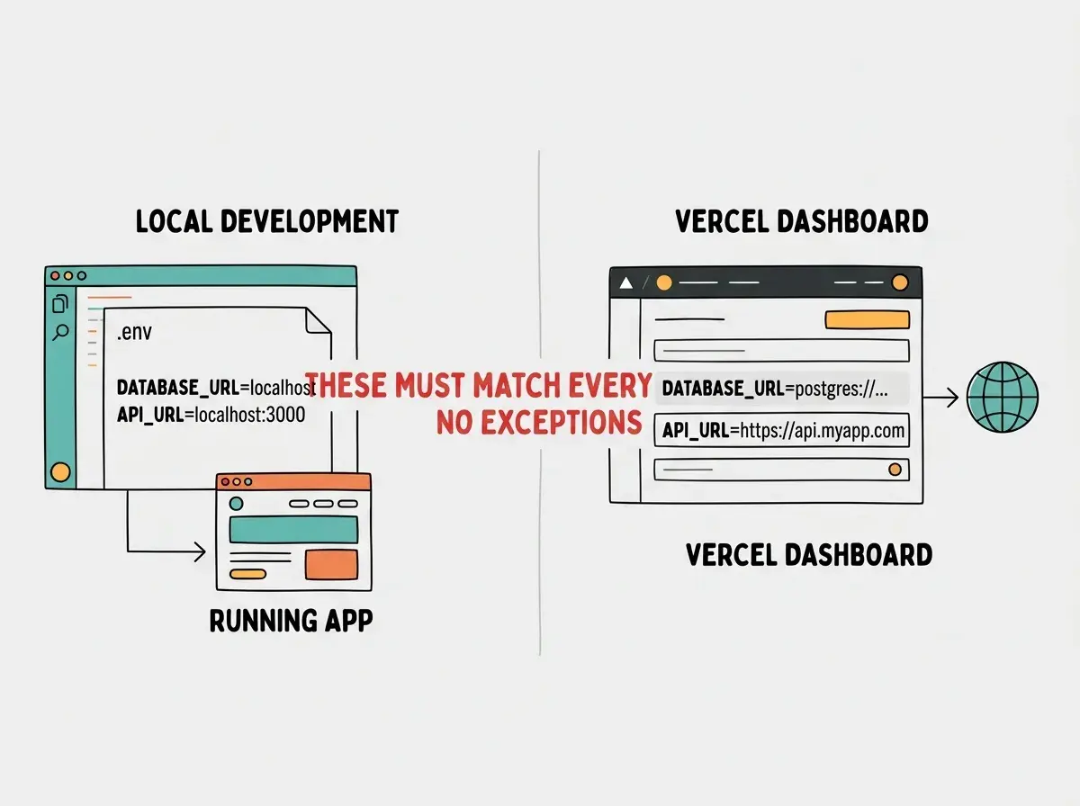 EXPLAINER DIAGRAM: A split-screen comparison showing two columns. Left column labeled LOCAL DEVELOPMENT shows a code editor with a .env file containing lines like DATABASE_URL=postgres://localhost and NEXT_PUBLIC_API_URL=http://localhost:3000, with an arrow pointing down to a browser showing the app running. Right column labeled VERCEL DASHBOARD shows the Vercel environment variables interface with the same variable names but different production values like DATABASE_URL=postgres://production-server and NEXT_PUBLIC_API_URL=https://myapp.vercel.app, with an arrow pointing down to a globe icon representing the live site. A red warning banner between the columns reads THESE MUST MATCH, EVERY VARIABLE, NO EXCEPTIONS.
