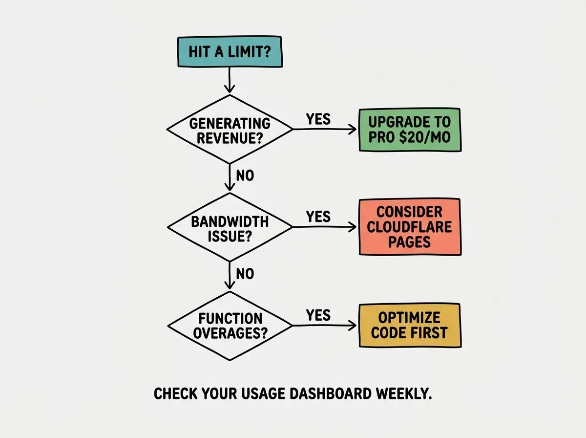 EXPLAINER DIAGRAM: A flowchart on light gray background. Top box labeled HIT A LIMIT? in teal. Arrow down to diamond GENERATING REVENUE? with YES arrow going right to green box UPGRADE TO PRO $20/MO and NO arrow going down. Next diamond BANDWIDTH ISSUE? with YES arrow going right to coral box CONSIDER CLOUDFLARE PAGES FREE and NO arrow going down. Next diamond FUNCTION OVERAGES? with YES arrow going right to golden yellow box OPTIMIZE CODE FIRST. Below all three outcome boxes, a small note reads CHECK YOUR VERCEL USAGE DASHBOARD WEEKLY.