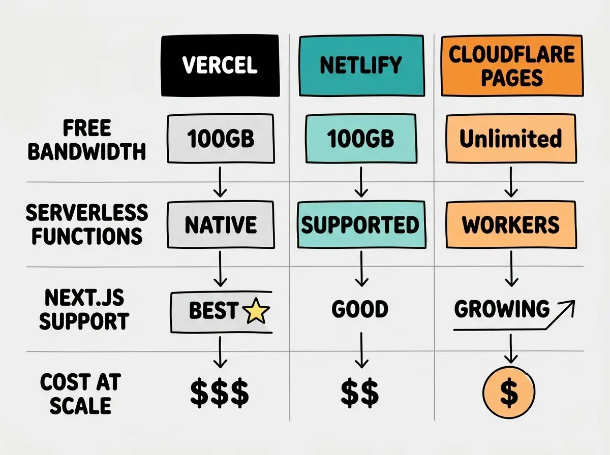 EXPLAINER DIAGRAM: A three-column comparison chart on white background. Column headers read VERCEL, NETLIFY, and CLOUDFLARE PAGES. Under each header are four rows. Row 1 FREE BANDWIDTH: Vercel shows 100 GB, Netlify shows 100 GB, Cloudflare shows Unlimited. Row 2 SERVERLESS FUNCTIONS: Vercel shows checkmark with NATIVE, Netlify shows checkmark with SUPPORTED, Cloudflare shows checkmark with WORKERS. Row 3 NEXT.JS SUPPORT: Vercel shows BEST with a star icon, Netlify shows GOOD, Cloudflare shows GROWING with an upward arrow. Row 4 COST AT SCALE: Vercel shows three dollar signs, Netlify shows two dollar signs, Cloudflare shows one dollar sign. Each column has a colored header bar: Vercel in black, Netlify in teal, Cloudflare in orange.