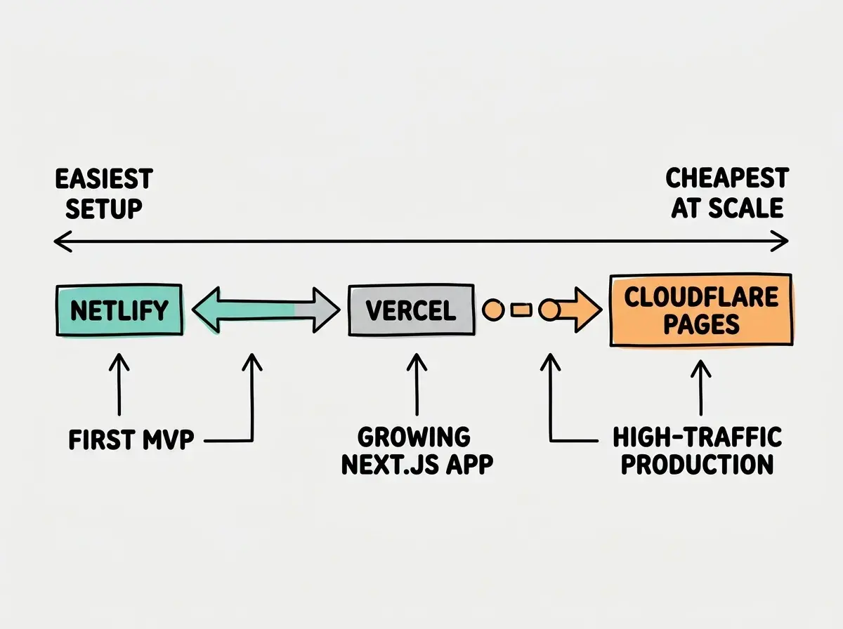 EXPLAINER DIAGRAM: A horizontal scale diagram on white background. The left end is labeled EASIEST SETUP and the right end is labeled CHEAPEST AT SCALE. Three platform logos are positioned along the scale. NETLIFY sits furthest left near EASIEST SETUP. VERCEL sits in the center-left area. CLOUDFLARE PAGES sits furthest right near CHEAPEST AT SCALE. Below the scale, three use-case labels with arrows point to the relevant section: FIRST MVP DEPLOY points to the Netlify zone, GROWING NEXT.JS APP points to the Vercel zone, and HIGH-TRAFFIC PRODUCTION APP points to the Cloudflare zone.