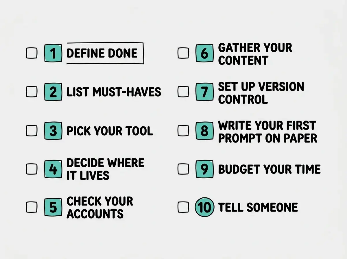 EXPLAINER DIAGRAM: A numbered checklist with ten items arranged in two columns of five. Left column shows items 1 through 5: DEFINE DONE, LIST MUST-HAVES, PICK YOUR TOOL, DECIDE WHERE IT LIVES, and CHECK YOUR ACCOUNTS. Right column shows items 6 through 10: GATHER YOUR CONTENT, SET UP VERSION CONTROL, WRITE YOUR FIRST PROMPT ON PAPER, BUDGET YOUR TIME, and TELL SOMEONE. Each item has a small checkbox outline to the left. Clean layout with teal accent color on item numbers and light gray background.