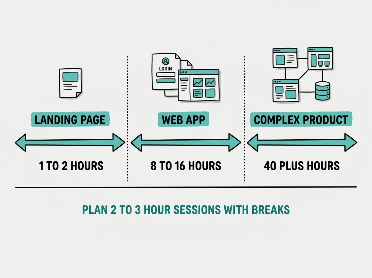 EXPLAINER DIAGRAM: A horizontal timeline showing three project types with estimated time ranges. Left section labeled LANDING PAGE shows 1 to 2 HOURS with a small single-page icon above. Middle section labeled WEB APP shows 8 to 16 HOURS with a multi-page icon above showing login and dashboard screens. Right section labeled COMPLEX PRODUCT shows 40 PLUS HOURS with an icon showing multiple connected screens and a database symbol. A dotted line separates each section. Below the timeline a note reads PLAN 2 TO 3 HOUR SESSIONS WITH BREAKS. Teal accent color, light gray background.