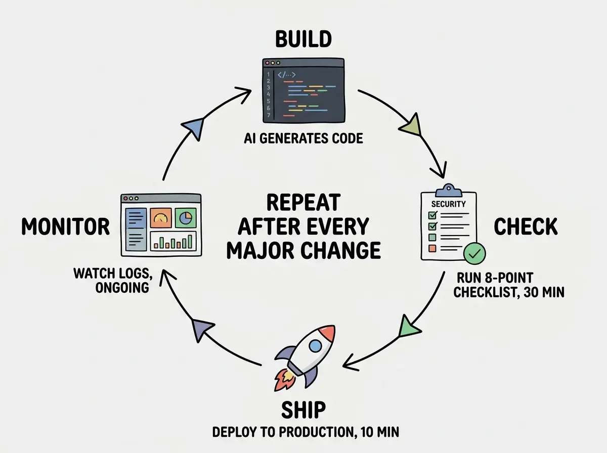 EXPLAINER DIAGRAM: A circular lifecycle diagram with four stages connected by arrows flowing clockwise. Stage 1 at top labeled BUILD shows a code editor icon with text AI generates code. Stage 2 at right labeled CHECK shows the security checklist with text Run the 8-point checklist. Stage 3 at bottom labeled SHIP shows a rocket icon with text Deploy to production. Stage 4 at left labeled MONITOR shows a dashboard with charts and text Watch logs and update deps. In the center of the circle, text reads REPEAT AFTER EVERY MAJOR CHANGE. Each stage has a small counter showing approximate time: Build varies, Check 30 minutes, Ship 10 minutes, Monitor ongoing.