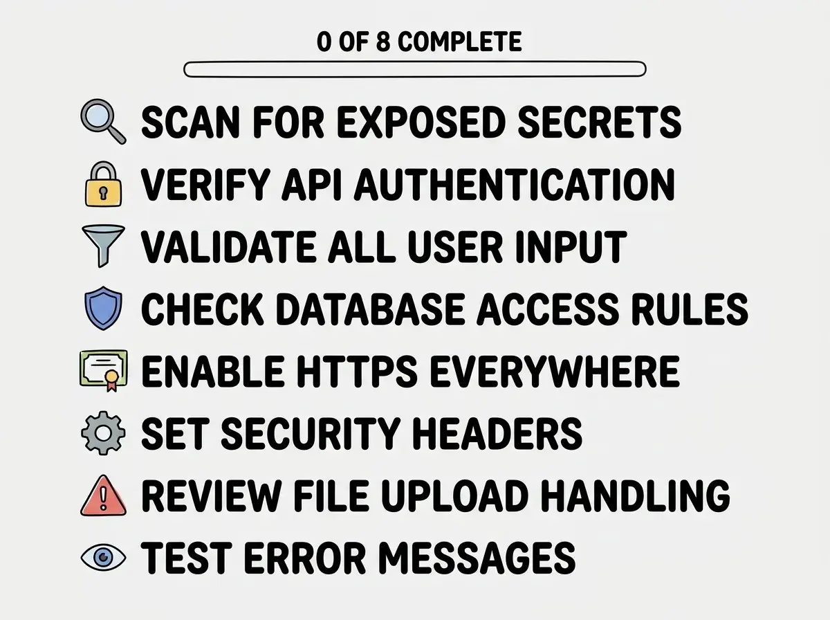 EXPLAINER DIAGRAM: A vertical checklist with eight numbered items, each with a checkbox, a short title, and a status indicator. Item 1: SCAN FOR EXPOSED SECRETS with a magnifying glass icon. Item 2: VERIFY API AUTHENTICATION with a lock icon. Item 3: VALIDATE ALL USER INPUT with a filter icon. Item 4: CHECK DATABASE ACCESS RULES with a shield icon. Item 5: ENABLE HTTPS EVERYWHERE with a certificate icon. Item 6: SET SECURITY HEADERS with a gear icon. Item 7: REVIEW FILE UPLOAD HANDLING with a warning icon. Item 8: TEST ERROR MESSAGES with an eye icon. Each item has a brief one-line description underneath. The checklist has a progress bar at the top showing 0 of 8 complete.