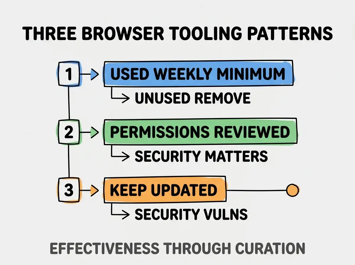 Clean modern flat infographic on light gray background. Top title bold black: THREE BROWSER TOOLING PATTERNS. Single vertical numbered list with three rows. Row 1 blue badge USED WEEKLY MINIMUM with subtitle UNUSED REMOVE. Row 2 green badge PERMISSIONS REVIEWED with subtitle SECURITY MATTERS. Row 3 orange badge KEEP UPDATED with subtitle SECURITY VULNS. Footer text dark gray: EFFECTIVENESS THROUGH CURATION. Each label appears exactly once. No duplicated text.