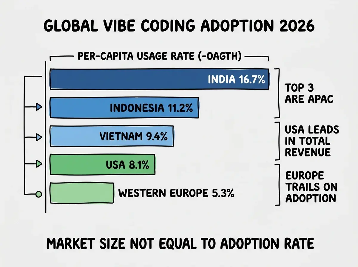 EXPLAINER DIAGRAM titled GLOBAL VIBE CODING ADOPTION 2026 shown as a horizontal stacked bar chart on a slate background. Title at top. Five horizontal bars labeled with regions and per-capita usage rates. Bar 1 INDIA 16.7 percent in dark blue, longest bar. Bar 2 INDONESIA 11.2 percent in blue. Bar 3 VIETNAM 9.4 percent in lighter blue. Bar 4 USA 8.1 percent in green. Bar 5 WESTERN EUROPE 5.3 percent in lighter green. Right side shows annotations TOP 3 ARE APAC, USA LEADS IN TOTAL REVENUE, EUROPE TRAILS ON ADOPTION. Footer reads MARKET SIZE NOT EQUAL TO ADOPTION RATE.