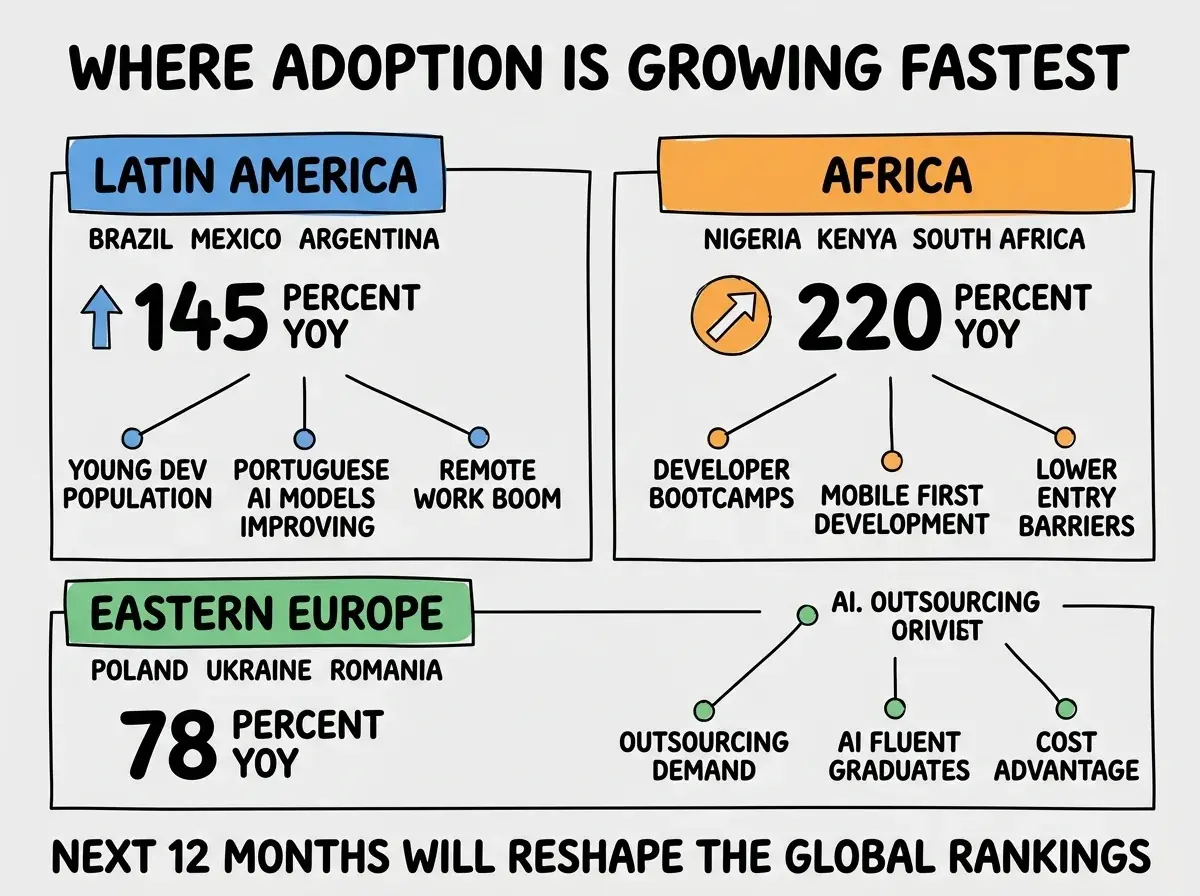 EXPLAINER DIAGRAM titled WHERE ADOPTION IS GROWING FASTEST shown as a horizontal three-panel comparison on a slate background. Panel 1 colored blue header LATIN AMERICA, sublabel BRAZIL MEXICO ARGENTINA, growth indicator 145 PERCENT YEAR OVER YEAR, drivers YOUNG DEV POPULATION, PORTUGUESE AI MODELS IMPROVING, REMOTE WORK BOOM. Panel 2 colored orange header AFRICA, sublabel NIGERIA KENYA SOUTH AFRICA, growth indicator 220 PERCENT YEAR OVER YEAR, drivers DEVELOPER BOOTCAMPS, MOBILE FIRST DEVELOPMENT, LOWER ENTRY BARRIERS. Panel 3 colored green header EASTERN EUROPE, sublabel POLAND UKRAINE ROMANIA, growth indicator 78 PERCENT YEAR OVER YEAR, drivers OUTSOURCING DEMAND, AI FLUENT GRADUATES, COST ADVANTAGE. Footer reads NEXT 12 MONTHS WILL RESHAPE THE GLOBAL RANKINGS.