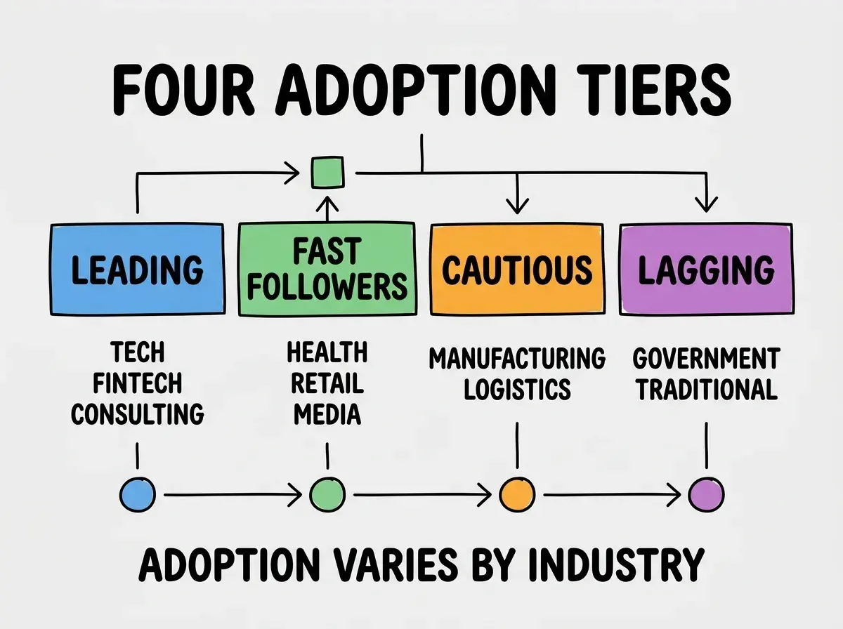 EXPLAINER DIAGRAM titled FOUR ADOPTION TIERS shown as a horizontal four-column chart on a slate background. Column 1 colored blue LEADING label TECH FINTECH CONSULTING. Column 2 colored green FAST FOLLOWERS label HEALTH RETAIL MEDIA. Column 3 colored orange CAUTIOUS label MANUFACTURING LOGISTICS. Column 4 colored purple LAGGING label GOVERNMENT TRADITIONAL. Footer reads ADOPTION VARIES BY INDUSTRY.