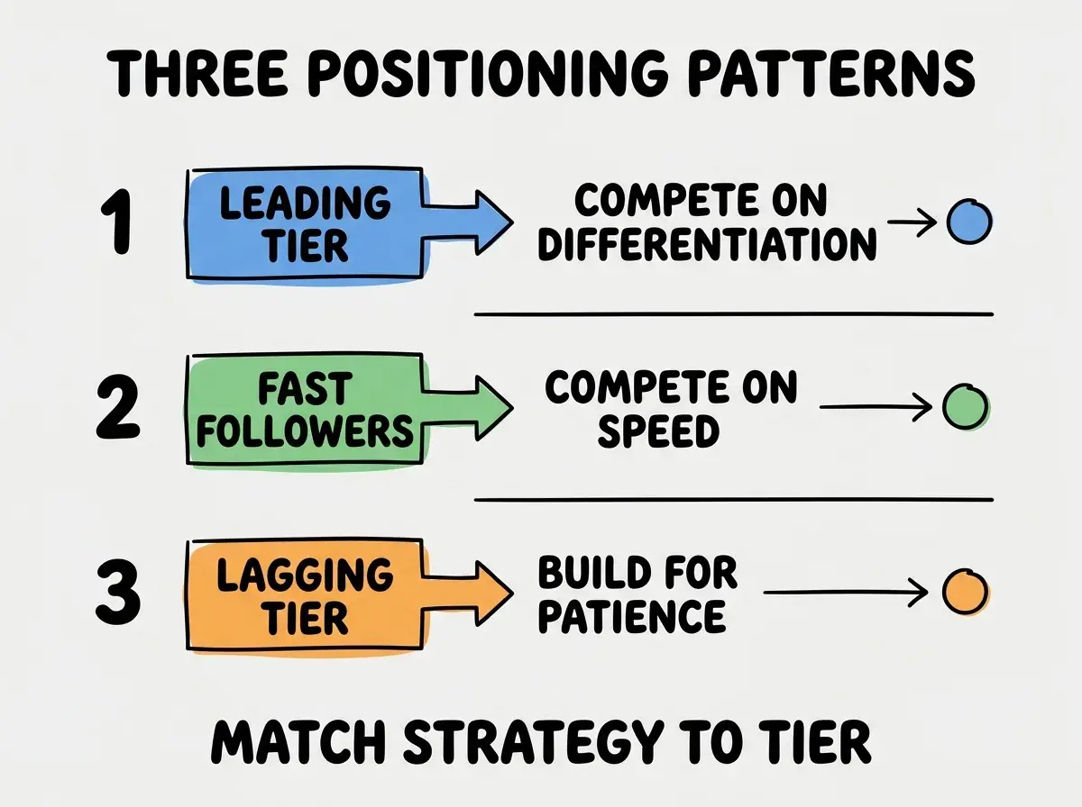 EXPLAINER DIAGRAM titled THREE POSITIONING PATTERNS shown as a vertical numbered list on a slate background. Three rows. Row 1 blue badge LEADING TIER sublabel COMPETE ON DIFFERENTIATION. Row 2 green badge FAST FOLLOWERS sublabel COMPETE ON SPEED. Row 3 orange badge LAGGING TIER sublabel BUILD FOR PATIENCE. Footer reads MATCH STRATEGY TO TIER. CRITICAL: each label appears only ONCE.