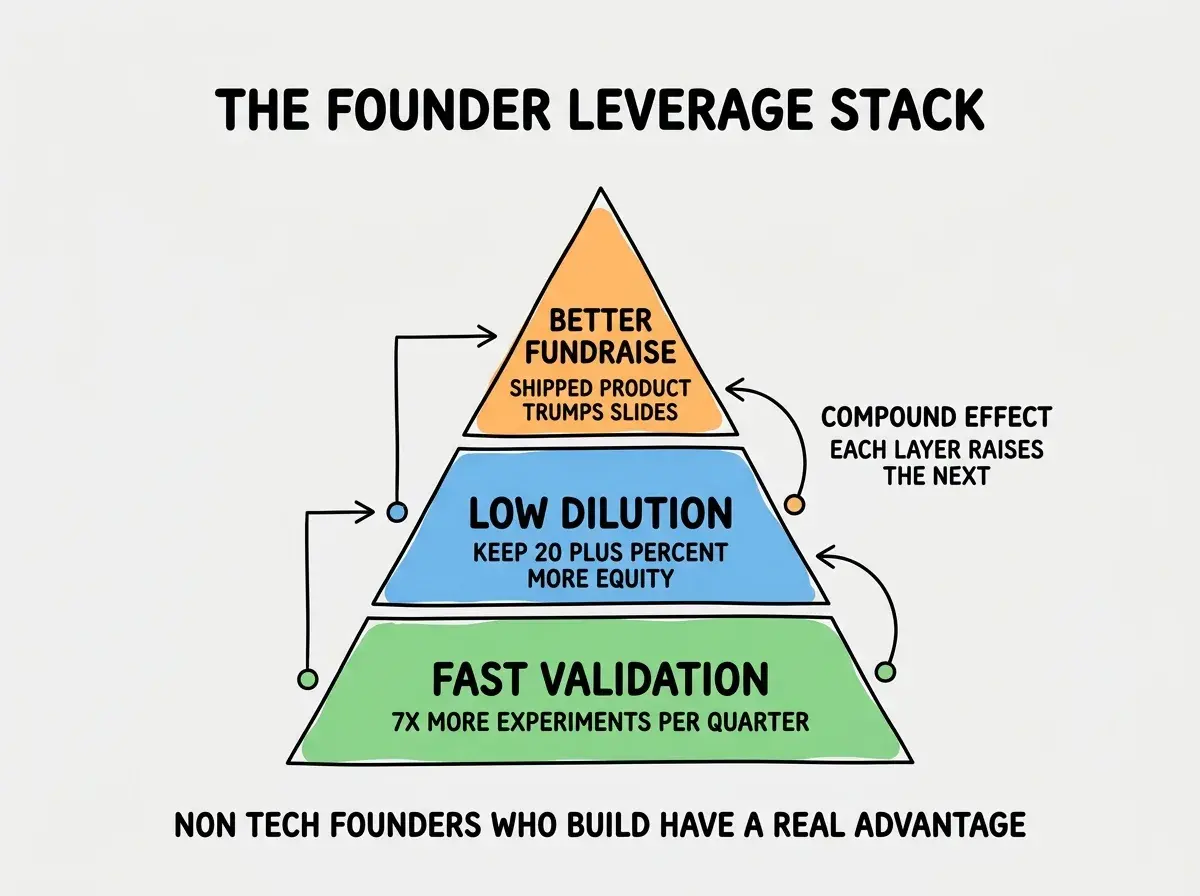 EXPLAINER DIAGRAM titled THE FOUNDER LEVERAGE STACK shown as a vertical pyramid on a slate background with three layers from bottom to top. Bottom layer in green labeled FAST VALIDATION, sublabel 7X MORE EXPERIMENTS PER QUARTER. Middle layer in blue labeled LOW DILUTION, sublabel KEEP 20 PLUS PERCENT MORE EQUITY. Top layer in orange labeled BETTER FUNDRAISE, sublabel SHIPPED PRODUCT TRUMPS SLIDES. A side annotation labeled COMPOUND EFFECT reads EACH LAYER RAISES THE NEXT. Footer reads NON TECH FOUNDERS WHO BUILD HAVE A REAL ADVANTAGE.