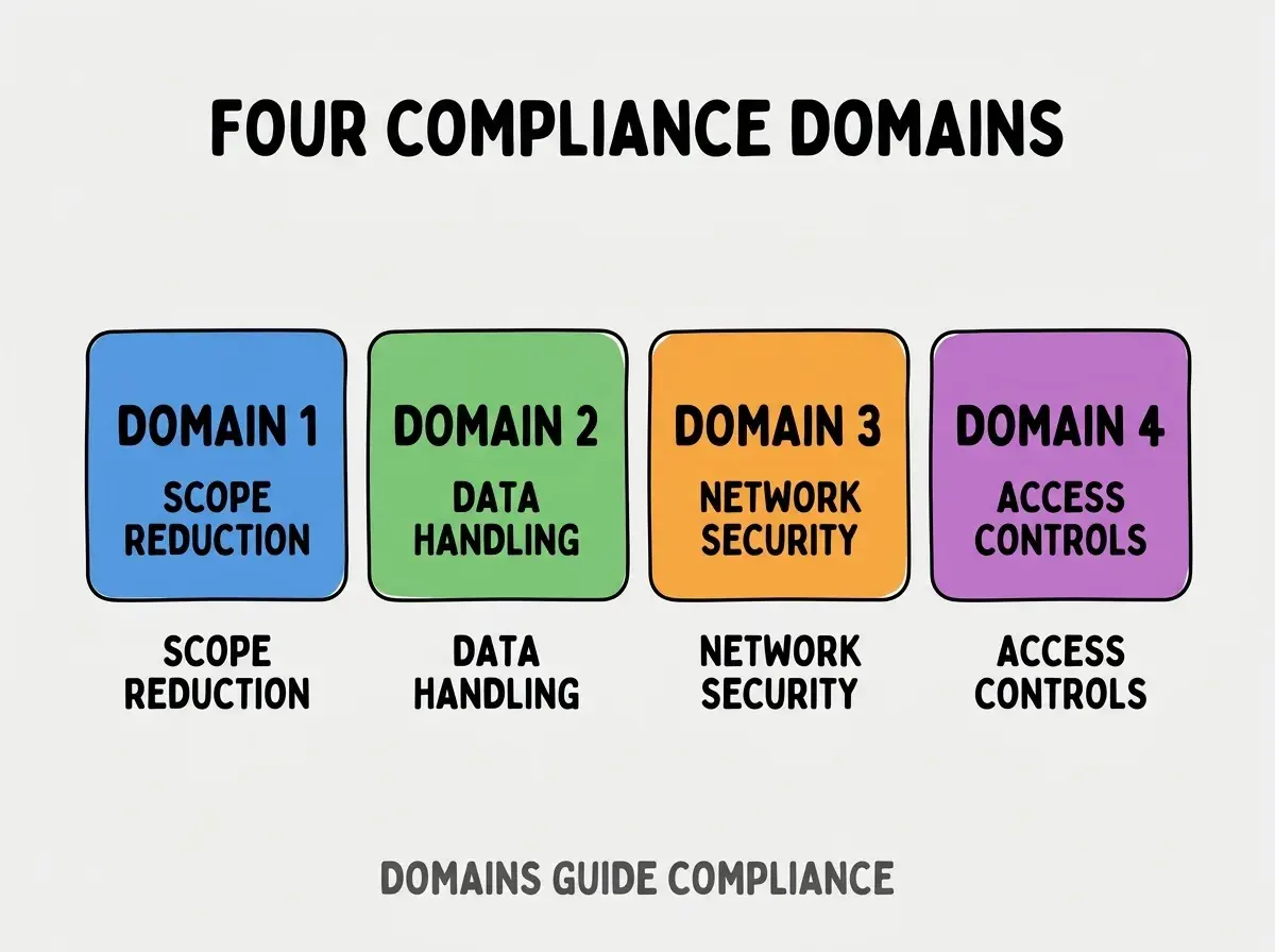 Clean modern flat infographic on light gray background. Top center bold black title text: FOUR COMPLIANCE DOMAINS. Below title, four equal sized colored rounded rectangle cards arranged horizontally. Card 1 blue: large bold text DOMAIN 1 then smaller text SCOPE REDUCTION. Card 2 green: large bold text DOMAIN 2 then smaller text DATA HANDLING. Card 3 orange: large bold text DOMAIN 3 then smaller text NETWORK SECURITY. Card 4 purple: large bold text DOMAIN 4 then smaller text ACCESS CONTROLS. Single footer line below cards in dark gray text: DOMAINS GUIDE COMPLIANCE. Nothing else on canvas. No text outside cards or below cards.