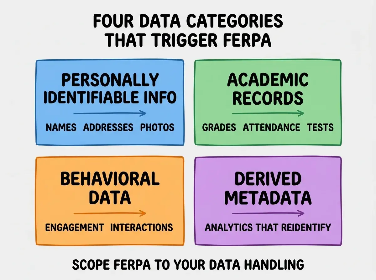 EXPLAINER DIAGRAM titled FOUR DATA CATEGORIES THAT TRIGGER FERPA shown as a 2x2 grid of quadrants on a slate background. Top left blue PERSONALLY IDENTIFIABLE INFO sublabel NAMES ADDRESSES PHOTOS. Top right green ACADEMIC RECORDS sublabel GRADES ATTENDANCE TESTS. Bottom left orange BEHAVIORAL DATA sublabel ENGAGEMENT INTERACTIONS. Bottom right purple DERIVED METADATA sublabel ANALYTICS THAT REIDENTIFY. Center label reads ALL FOUR REQUIRE PROTECTION. Footer reads SCOPE FERPA TO YOUR DATA HANDLING.