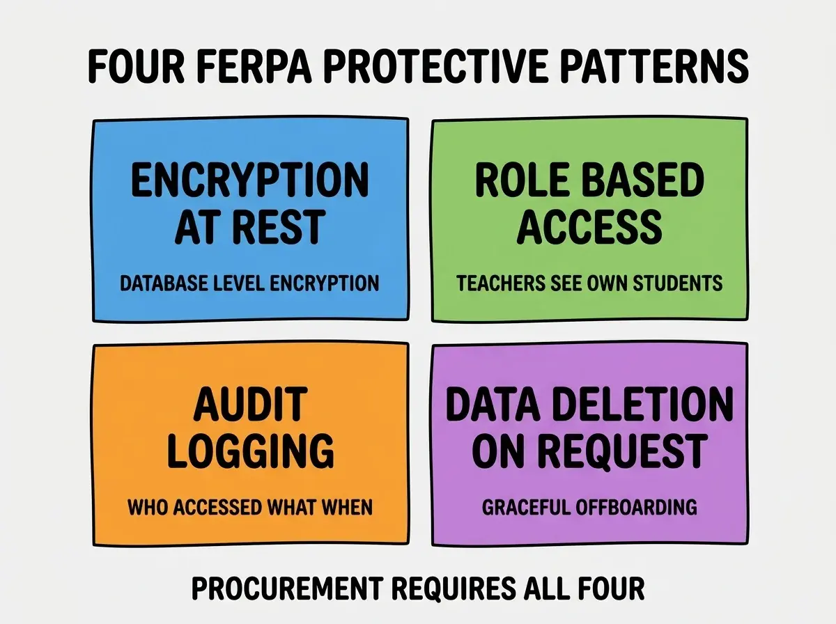 EXPLAINER DIAGRAM titled FOUR FERPA PROTECTIVE PATTERNS shown as a 2x2 grid of quadrants on a slate background. Top left blue ENCRYPTION AT REST sublabel DATABASE LEVEL ENCRYPTION. Top right green ROLE BASED ACCESS sublabel TEACHERS SEE OWN STUDENTS. Bottom left orange AUDIT LOGGING sublabel WHO ACCESSED WHAT WHEN. Bottom right purple DATA DELETION ON REQUEST sublabel GRACEFUL OFFBOARDING. Center label reads ALL FOUR ARE TABLE STAKES. Footer reads PROCUREMENT REQUIRES ALL FOUR.