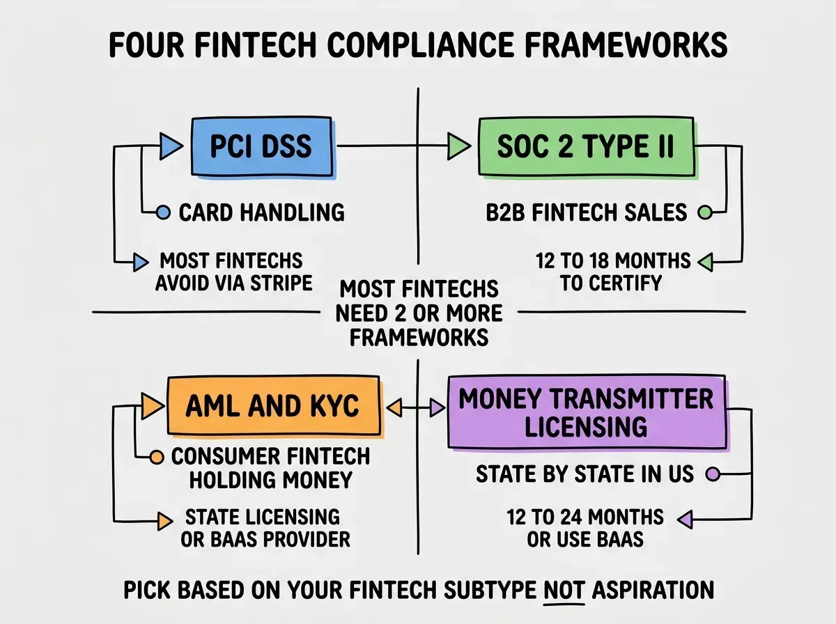 EXPLAINER DIAGRAM titled FOUR FINTECH COMPLIANCE FRAMEWORKS shown as a 2x2 grid of quadrants on a slate background. Top left blue PCI DSS sublabel CARD HANDLING, scope MOST FINTECHS AVOID VIA STRIPE. Top right green SOC 2 TYPE II sublabel B2B FINTECH SALES, scope 12 TO 18 MONTHS TO CERTIFY. Bottom left orange AML AND KYC sublabel CONSUMER FINTECH HOLDING MONEY, scope STATE LICENSING OR BAAS PROVIDER. Bottom right purple MONEY TRANSMITTER LICENSING sublabel STATE BY STATE IN US, scope 12 TO 24 MONTHS, OR USE BAAS. Center label reads MOST FINTECHS NEED 2 OR MORE FRAMEWORKS. Footer reads PICK BASED ON YOUR FINTECH SUBTYPE NOT ASPIRATION.