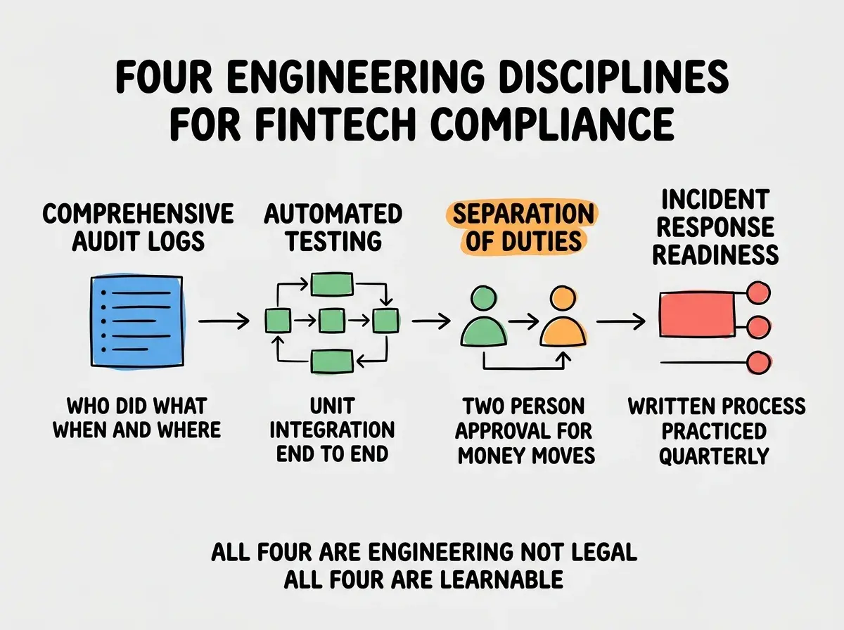 EXPLAINER DIAGRAM titled FOUR ENGINEERING DISCIPLINES FOR FINTECH COMPLIANCE shown as a horizontal four-stage layout on a slate background. Stage 1 colored blue COMPREHENSIVE AUDIT LOGS sublabel WHO DID WHAT WHEN AND WHERE. Stage 2 colored green AUTOMATED TESTING sublabel UNIT INTEGRATION END TO END. Stage 3 colored orange SEPARATION OF DUTIES sublabel TWO PERSON APPROVAL FOR MONEY MOVES. Stage 4 colored red INCIDENT RESPONSE READINESS sublabel WRITTEN PROCESS PRACTICED QUARTERLY. Footer reads ALL FOUR ARE ENGINEERING NOT LEGAL, ALL FOUR ARE LEARNABLE.