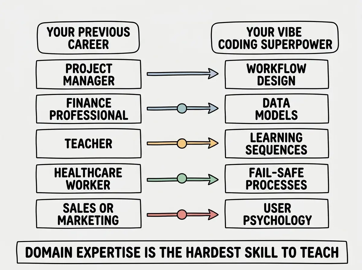 EXPLAINER DIAGRAM: A two-column mapping diagram. Left column header reads YOUR PREVIOUS CAREER and lists five roles vertically: Project Manager, Finance Professional, Teacher, Healthcare Worker, and Sales or Marketing. Right column header reads YOUR VIBE CODING SUPERPOWER and lists corresponding strengths: Workflow Design and Edge Case Thinking, Data Models and Compliance Logic, Learning Sequences and Progress Systems, Fail-Safe Processes and Regulatory Awareness, and User Psychology and Conversion Flows. Horizontal arrows connect each left item to its right counterpart. A banner across the bottom reads DOMAIN EXPERTISE IS THE HARDEST SKILL TO TEACH AND THE ONE AI CANNOT REPLACE.