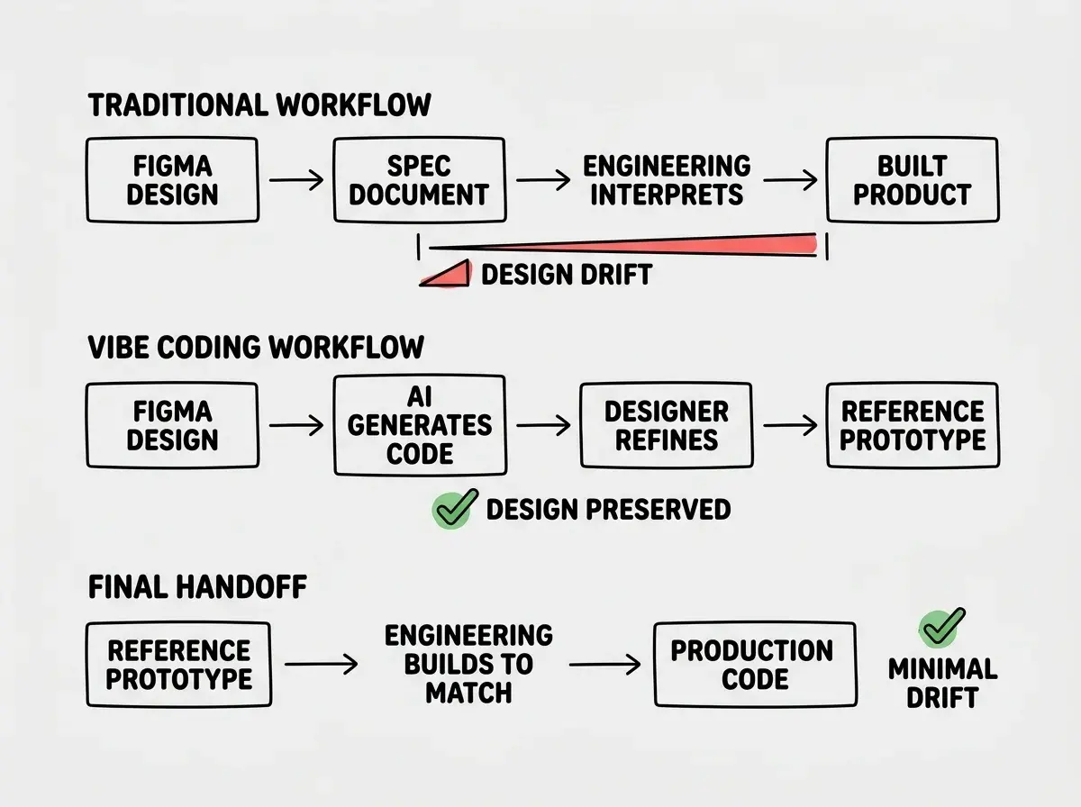 EXPLAINER DIAGRAM: A three-lane horizontal flow diagram. Top lane is labeled TRADITIONAL WORKFLOW and shows FIGMA DESIGN flowing to SPEC DOCUMENT flowing to ENGINEERING INTERPRETS flowing to BUILT PRODUCT, with a red gap indicator between ENGINEERING INTERPRETS and BUILT PRODUCT labeled DESIGN DRIFT. Middle lane is labeled VIBE CODING WORKFLOW and shows FIGMA DESIGN flowing to AI GENERATES CODE flowing to DESIGNER REFINES flowing to REFERENCE PROTOTYPE, with a green checkmark between DESIGNER REFINES and REFERENCE PROTOTYPE labeled DESIGN PRESERVED. Bottom lane is labeled FINAL HANDOFF and shows REFERENCE PROTOTYPE flowing to ENGINEERING BUILDS TO MATCH flowing to PRODUCTION CODE, with a green checkmark labeled MINIMAL DRIFT. Dotted vertical lines connect the three lanes at key transition points.