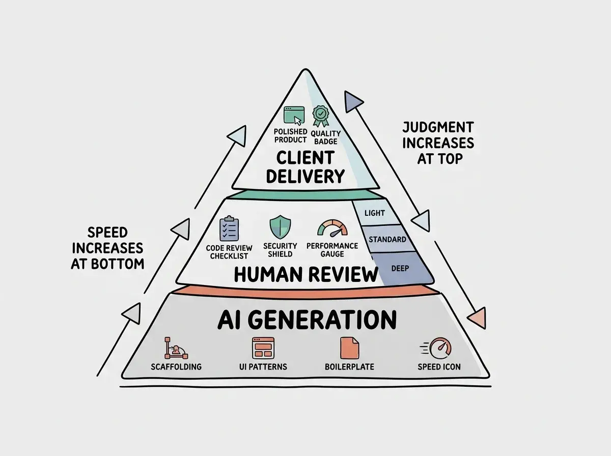 EXPLAINER DIAGRAM: A pyramid diagram with three tiers showing agency AI workflow structure. Bottom tier (widest) labeled AI GENERATION shows icons for scaffolding, UI patterns, and boilerplate with a speed icon. Middle tier labeled HUMAN REVIEW shows icons for a code review checklist, a security shield, and a performance gauge, with three review levels labeled LIGHT for styling, STANDARD for features, and DEEP for auth and payments. Top tier (narrowest) labeled CLIENT DELIVERY shows a polished product icon with a quality badge. Arrows flow upward from generation through review to delivery. A side annotation reads SPEED INCREASES AT BOTTOM, JUDGMENT INCREASES AT TOP.