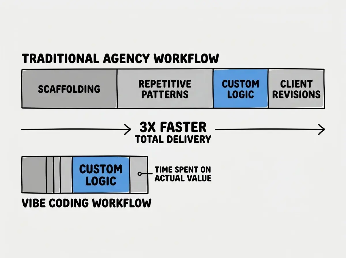 EXPLAINER DIAGRAM: A horizontal bar chart comparison with two rows. Top row labeled TRADITIONAL AGENCY WORKFLOW shows a long bar divided into four colored segments from left to right: SCAFFOLDING (large, gray), REPETITIVE PATTERNS (large, gray), CUSTOM LOGIC (medium, blue), and CLIENT REVISIONS (medium, gray). Bottom row labeled VIBE CODING WORKFLOW shows a much shorter total bar with SCAFFOLDING (tiny, gray), REPETITIVE PATTERNS (tiny, gray), CUSTOM LOGIC (medium, blue, same size as above), and CLIENT REVISIONS (small, gray). The blue CUSTOM LOGIC segments are the same width in both rows, with a label pointing to them reading TIME SPENT ON ACTUAL VALUE. A percentage label shows 3X FASTER TOTAL DELIVERY between the two rows.