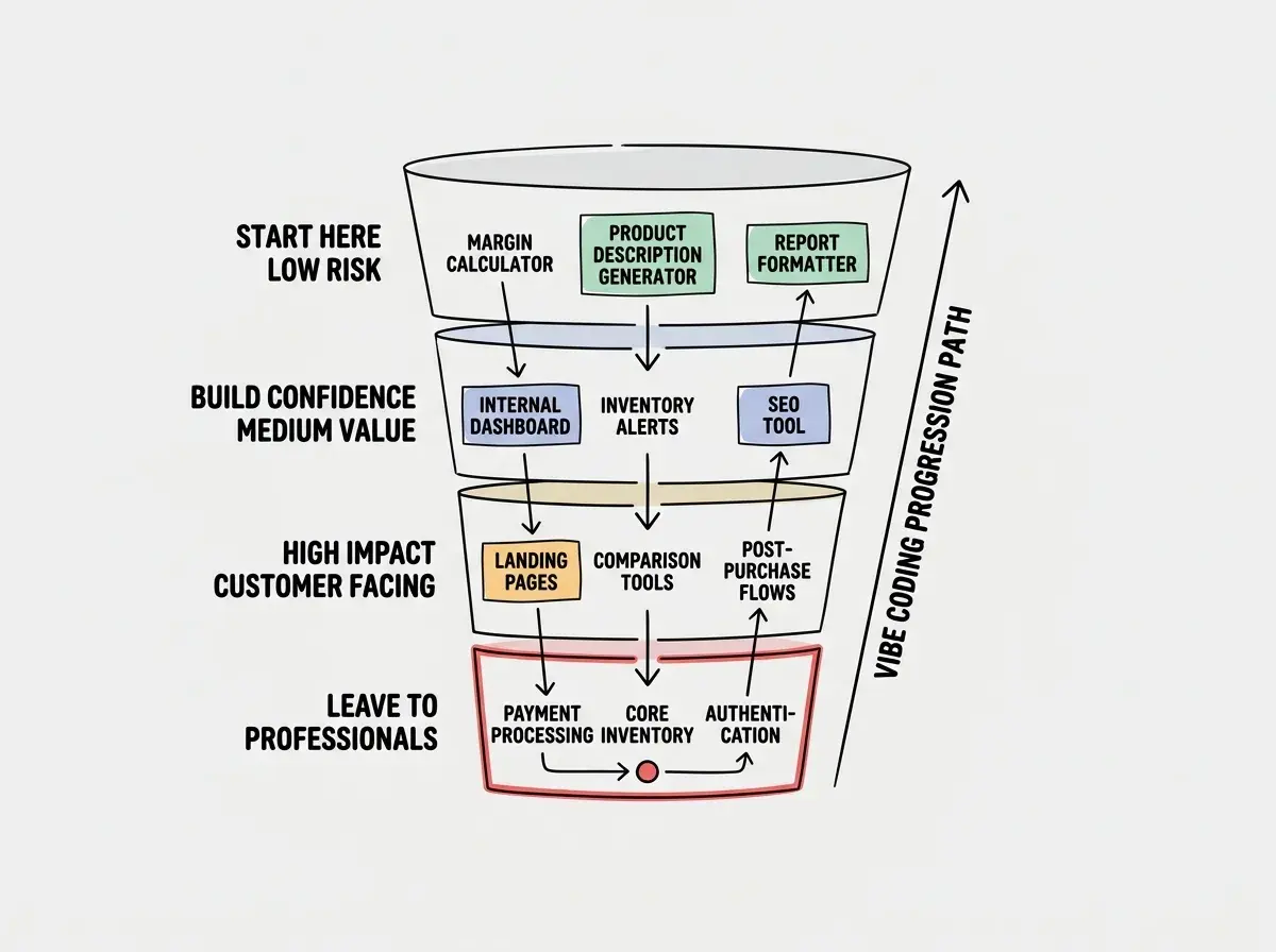 EXPLAINER DIAGRAM: A vertical funnel diagram with four tiers. Top tier labeled START HERE, LOW RISK shows items like MARGIN CALCULATOR, PRODUCT DESCRIPTION GENERATOR, and REPORT FORMATTER. Second tier labeled BUILD CONFIDENCE, MEDIUM VALUE shows INTERNAL DASHBOARD, INVENTORY ALERTS, and SEO META TAG GENERATOR. Third tier labeled HIGH IMPACT, CUSTOMER FACING shows CUSTOM LANDING PAGES, PRODUCT COMPARISON TOOLS, and POST PURCHASE FLOWS. Bottom tier labeled LEAVE TO PROFESSIONALS, with a red border, shows PAYMENT PROCESSING, CORE INVENTORY SYSTEMS, and CUSTOMER AUTHENTICATION. An arrow along the left side reads VIBE CODING PROGRESSION PATH.