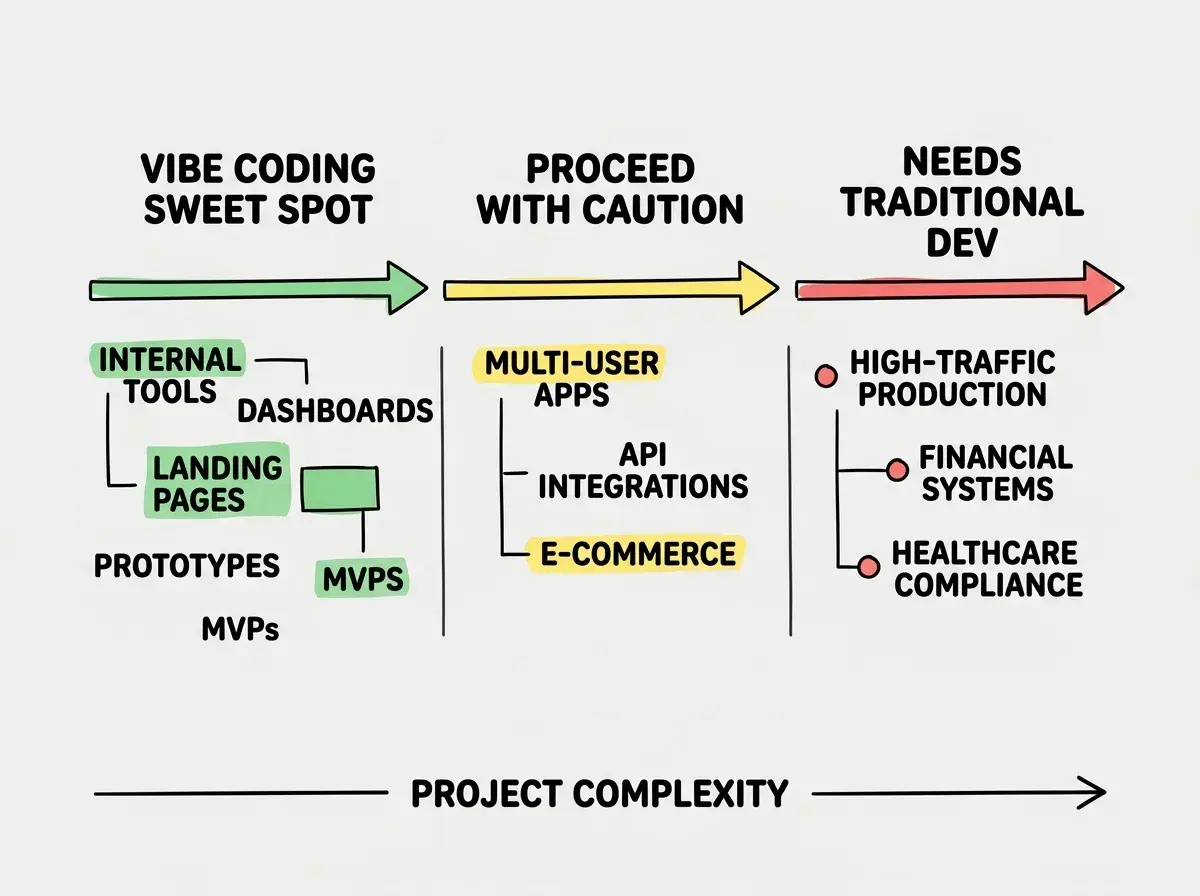 EXPLAINER DIAGRAM: A three-zone horizontal spectrum bar. Left zone is colored green and labeled VIBE CODING SWEET SPOT, listing items vertically: INTERNAL TOOLS, DASHBOARDS, LANDING PAGES, PROTOTYPES, MVPS, CUSTOM CALCULATORS. Middle zone is colored yellow and labeled PROCEED WITH CAUTION, listing: MULTI-USER APPS, API INTEGRATIONS, E-COMMERCE. Right zone is colored red and labeled NEEDS TRADITIONAL DEV, listing: HIGH-TRAFFIC PRODUCTION, FINANCIAL SYSTEMS, HEALTHCARE COMPLIANCE, COMPLEX LEGACY INTEGRATION. Below the bar, a label reads PROJECT COMPLEXITY with an arrow pointing left to right.