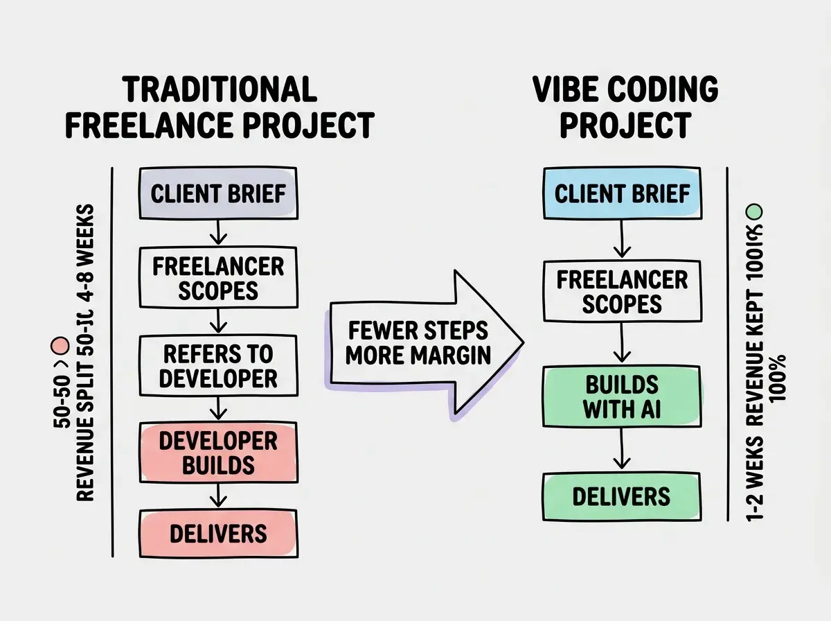 EXPLAINER DIAGRAM: A two-column comparison chart. Left column is labeled TRADITIONAL FREELANCE PROJECT and shows a vertical flow of five boxes connected by arrows: CLIENT BRIEF flows to FREELANCER SCOPES WORK flows to FREELANCER REFERS TO DEVELOPER flows to DEVELOPER BUILDS flows to FREELANCER DELIVERS. A sidebar shows TIMELINE 4-8 WEEKS and REVENUE SPLIT 50-50. Right column is labeled VIBE CODING FREELANCE PROJECT and shows a vertical flow of four boxes: CLIENT BRIEF flows to FREELANCER SCOPES WORK flows to FREELANCER BUILDS WITH AI flows to FREELANCER DELIVERS. A sidebar shows TIMELINE 1-2 WEEKS and REVENUE KEPT 100%. A large arrow between the two columns points from left to right, labeled FEWER STEPS and MORE MARGIN.