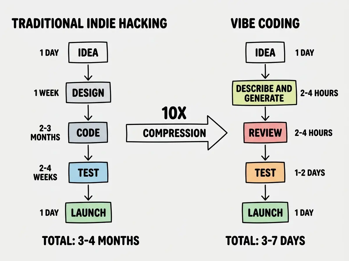 EXPLAINER DIAGRAM: A horizontal comparison chart with two columns. Left column labeled TRADITIONAL INDIE HACKING shows a vertical stack of five boxes connected by downward arrows: IDEA (1 day), DESIGN (1 week), CODE (2-3 months), TEST AND FIX (2-4 weeks), LAUNCH (1 day). Total time shown at bottom: 3-4 MONTHS. Right column labeled VIBE CODING INDIE HACKING shows a compressed vertical stack: IDEA (1 day), DESCRIBE AND GENERATE (2-4 hours), REVIEW AND ITERATE (2-4 hours), TEST AND FIX (1-2 days), LAUNCH (1 day). Total time shown at bottom: 3-7 DAYS. A large arrow between the columns is labeled 10X COMPRESSION. Both columns share a footer noting PRODUCT THINKING AND MARKET VALIDATION UNCHANGED.
