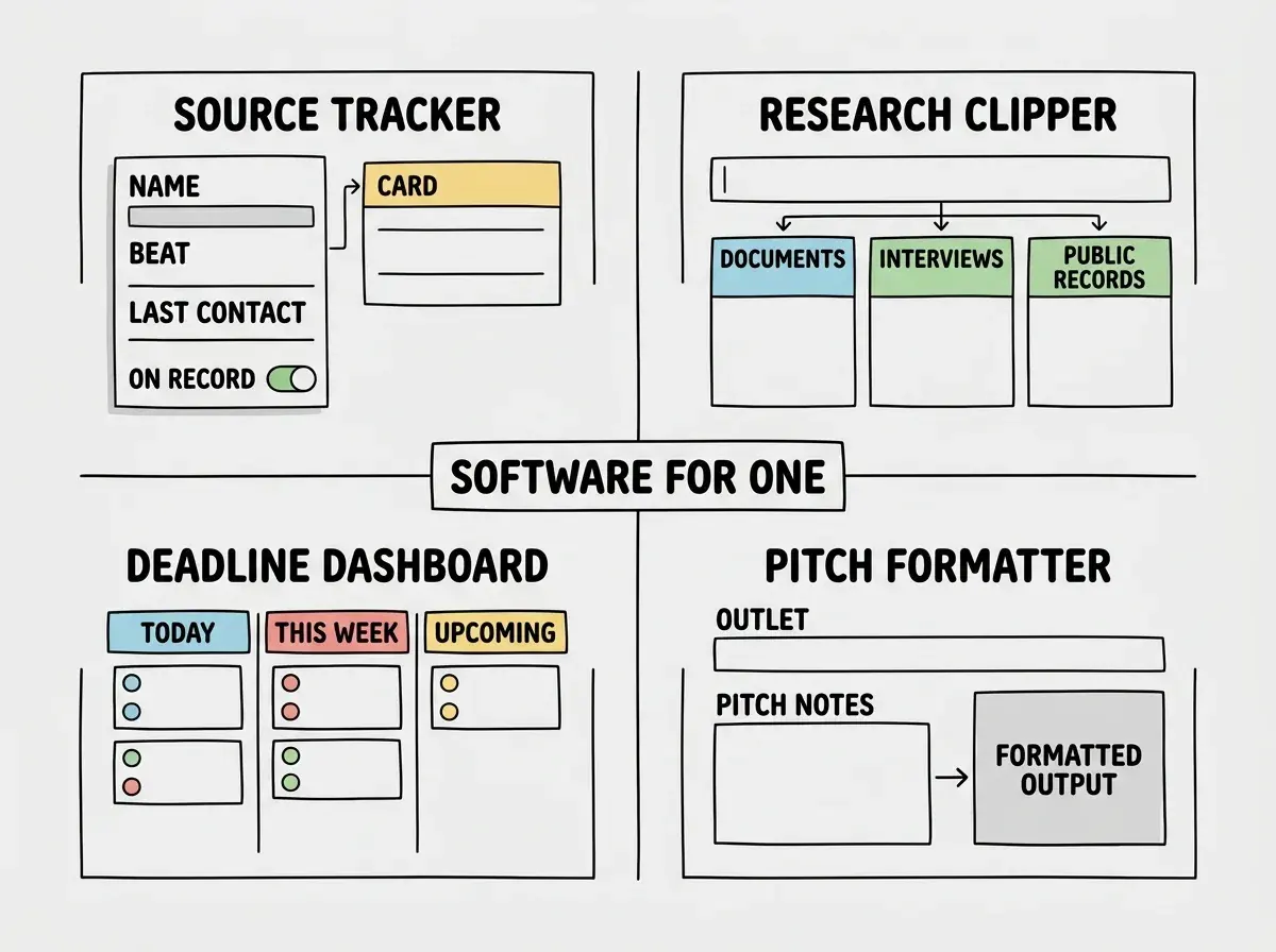 EXPLAINER DIAGRAM: A two-by-two grid layout. Top-left quadrant labeled SOURCE TRACKER shows a simplified card interface with fields for NAME, BEAT, LAST CONTACT, and ON RECORD status with a toggle. Top-right quadrant labeled RESEARCH CLIPPER shows a simplified interface with a text input area at top and below it three columns labeled DOCUMENTS, INTERVIEWS, and PUBLIC RECORDS each containing small card placeholders. Bottom-left quadrant labeled DEADLINE DASHBOARD shows a simplified three-column kanban board labeled TODAY, THIS WEEK, and UPCOMING with colored card placeholders in each column. Bottom-right quadrant labeled PITCH FORMATTER shows a simplified form with fields for OUTLET, PITCH NOTES, and FORMATTED OUTPUT. All four quadrants share a center label that reads SOFTWARE FOR ONE and a subtitle BUILT BY YOU, FOR YOU.