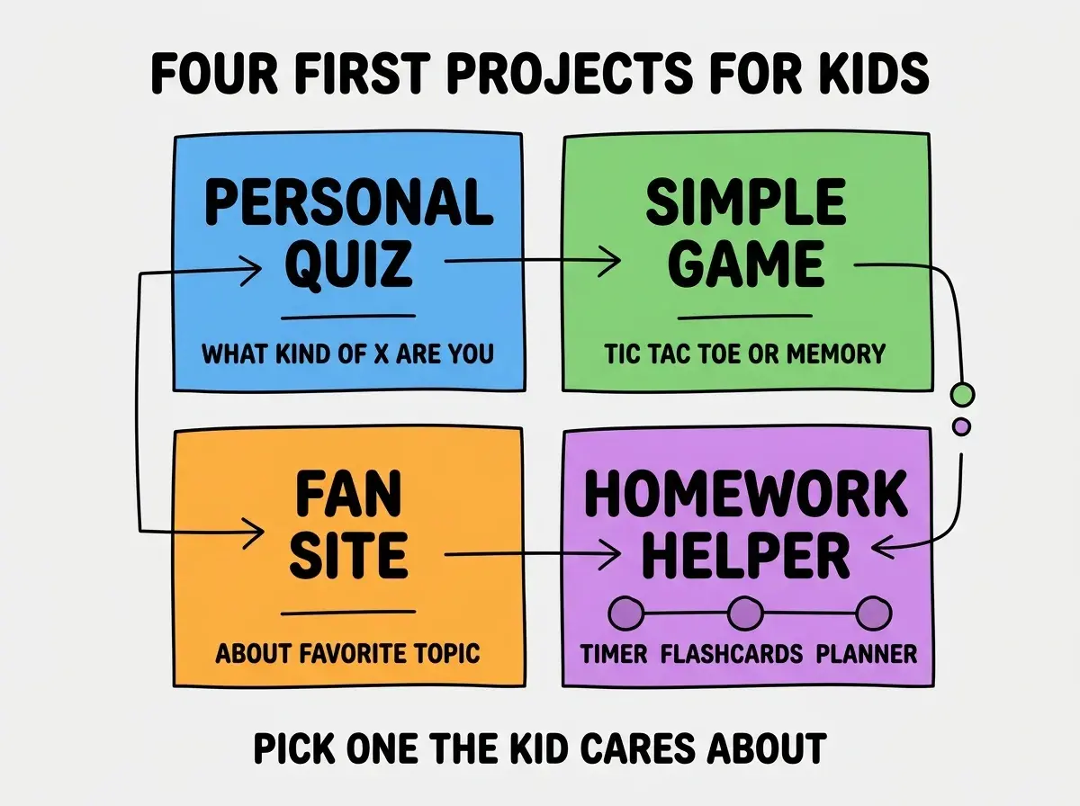 EXPLAINER DIAGRAM titled FOUR FIRST PROJECTS FOR KIDS shown as a 2x2 grid of quadrants on a slate background. Top left blue PERSONAL QUIZ sublabel WHAT KIND OF X ARE YOU. Top right green SIMPLE GAME sublabel TIC TAC TOE OR MEMORY. Bottom left orange FAN SITE sublabel ABOUT FAVORITE TOPIC. Bottom right purple HOMEWORK HELPER sublabel TIMER FLASHCARDS PLANNER. Center label reads PICK ONE THE KID CARES ABOUT. Footer reads ALL FIT IN ONE WEEKEND.