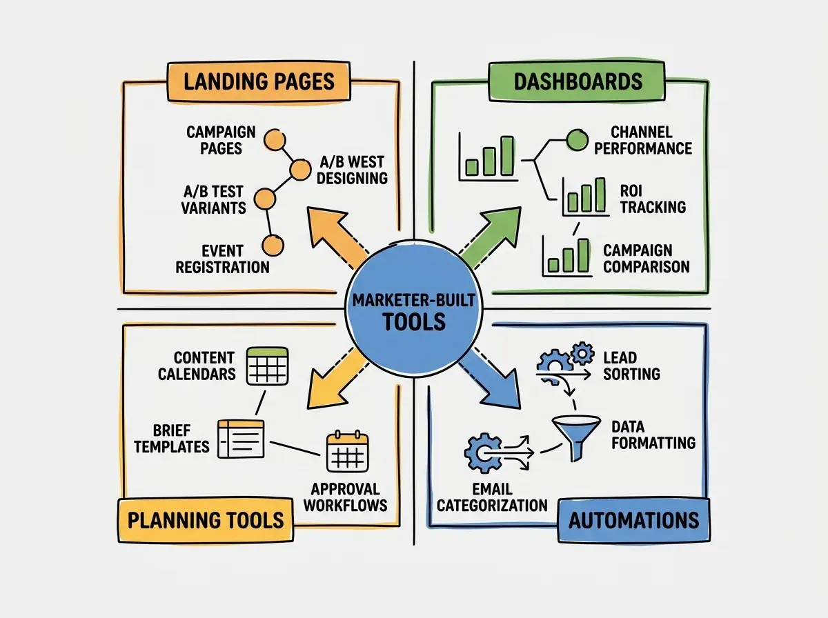 EXPLAINER DIAGRAM: A four-quadrant grid showing what marketers build with vibe coding. Top-left quadrant has a browser icon and is labeled LANDING PAGES with sub-items Campaign pages, A/B test variants, and Event registration. Top-right quadrant has a chart icon and is labeled DASHBOARDS with sub-items Channel performance, ROI tracking, and Campaign comparison. Bottom-left quadrant has a calendar icon and is labeled PLANNING TOOLS with sub-items Content calendars, Brief templates, and Approval workflows. Bottom-right quadrant has a gear icon and is labeled AUTOMATIONS with sub-items Lead sorting, Data formatting, and Email categorization. A center label reads MARKETER-BUILT TOOLS and each quadrant has a difficulty indicator showing EASY for top row and MODERATE for bottom row.