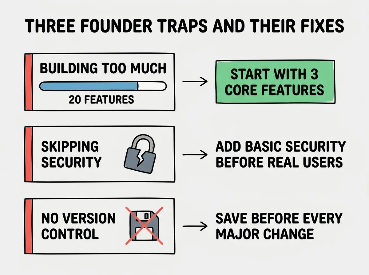 EXPLAINER DIAGRAM: Three vertically stacked warning boxes with red left borders. Box 1 is labeled BUILDING TOO MUCH with a progress bar showing 20 features, and an arrow pointing to a green box reading START WITH 3 CORE FEATURES. Box 2 is labeled SKIPPING SECURITY with a broken lock icon, and an arrow pointing to a green box reading ADD BASIC SECURITY BEFORE REAL USERS. Box 3 is labeled NO VERSION CONTROL with a crossed-out save icon, and an arrow pointing to a green box reading SAVE BEFORE EVERY MAJOR CHANGE. A header reads THREE FOUNDER TRAPS AND THEIR FIXES.