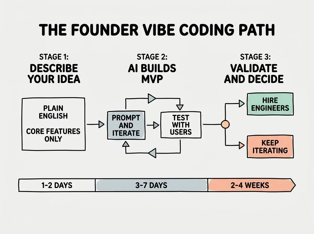 EXPLAINER DIAGRAM: A horizontal roadmap with three labeled stages connected by arrows. Stage 1 on the left is a rounded box labeled DESCRIBE YOUR IDEA with sub-labels Plain English and Core Features Only. Stage 2 in the middle is a rounded box labeled AI BUILDS MVP with sub-labels Prompt and Iterate and Test With Users. Stage 3 on the right is a rounded box labeled VALIDATE AND DECIDE with two branching arrows, one pointing to HIRE ENGINEERS and one pointing to KEEP ITERATING. Below the roadmap a timeline bar shows 1-2 DAYS under Stage 1, 3-7 DAYS under Stage 2, and 2-4 WEEKS under Stage 3. The overall header reads THE FOUNDER VIBE CODING PATH.