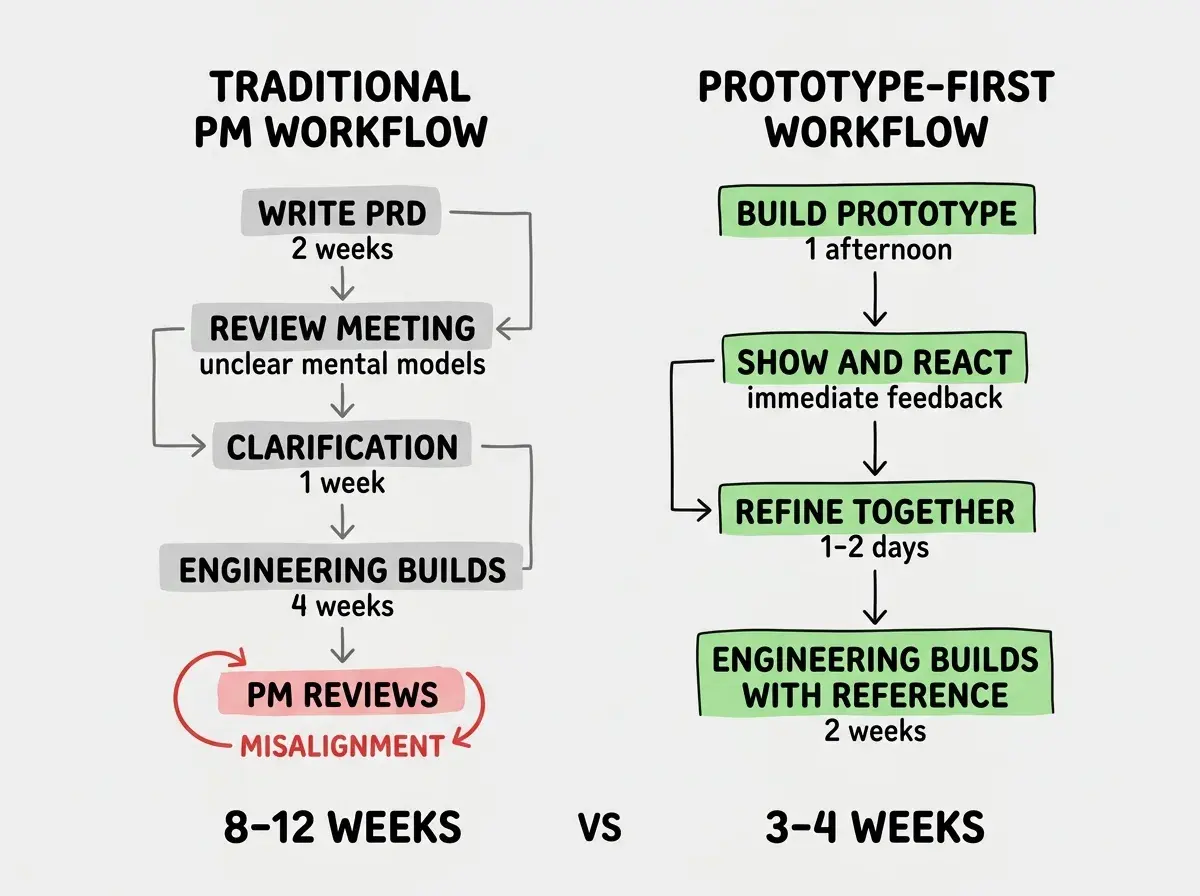 EXPLAINER DIAGRAM: A two-column before-and-after layout. Left column header reads TRADITIONAL PM WORKFLOW in gray. Below it, five vertical steps connected by downward arrows: WRITE PRD (2 weeks), REVIEW MEETING (unclear mental models), CLARIFICATION ROUND (1 week), ENGINEERING BUILDS (4 weeks), and PM REVIEWS with a red circular arrow back to CLARIFICATION ROUND labeled MISALIGNMENT. Right column header reads PROTOTYPE-FIRST WORKFLOW in green. Below it, four vertical steps: BUILD PROTOTYPE (1 afternoon), SHOW AND REACT (immediate feedback), REFINE TOGETHER (1-2 days), and ENGINEERING BUILDS WITH REFERENCE (2 weeks, no circular arrow). A comparison bar at the bottom shows TOTAL TIME with left column at 8-12 WEEKS and right column at 3-4 WEEKS.
