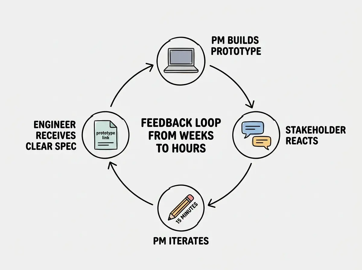 EXPLAINER DIAGRAM: A circular feedback loop with four nodes. Top node is a rounded box labeled PM BUILDS PROTOTYPE with a laptop icon. Right node is labeled STAKEHOLDER REACTS with speech bubble icons showing specific feedback quotes like Move this here and Add a filter. Bottom node is labeled PM ITERATES with a pencil icon and a label reading 15 MINUTES. Left node is labeled ENGINEER RECEIVES CLEAR SPEC with a document icon showing a reference prototype link. Arrows connect all four nodes clockwise. In the center of the circle, bold text reads FEEDBACK LOOP FROM WEEKS TO HOURS.