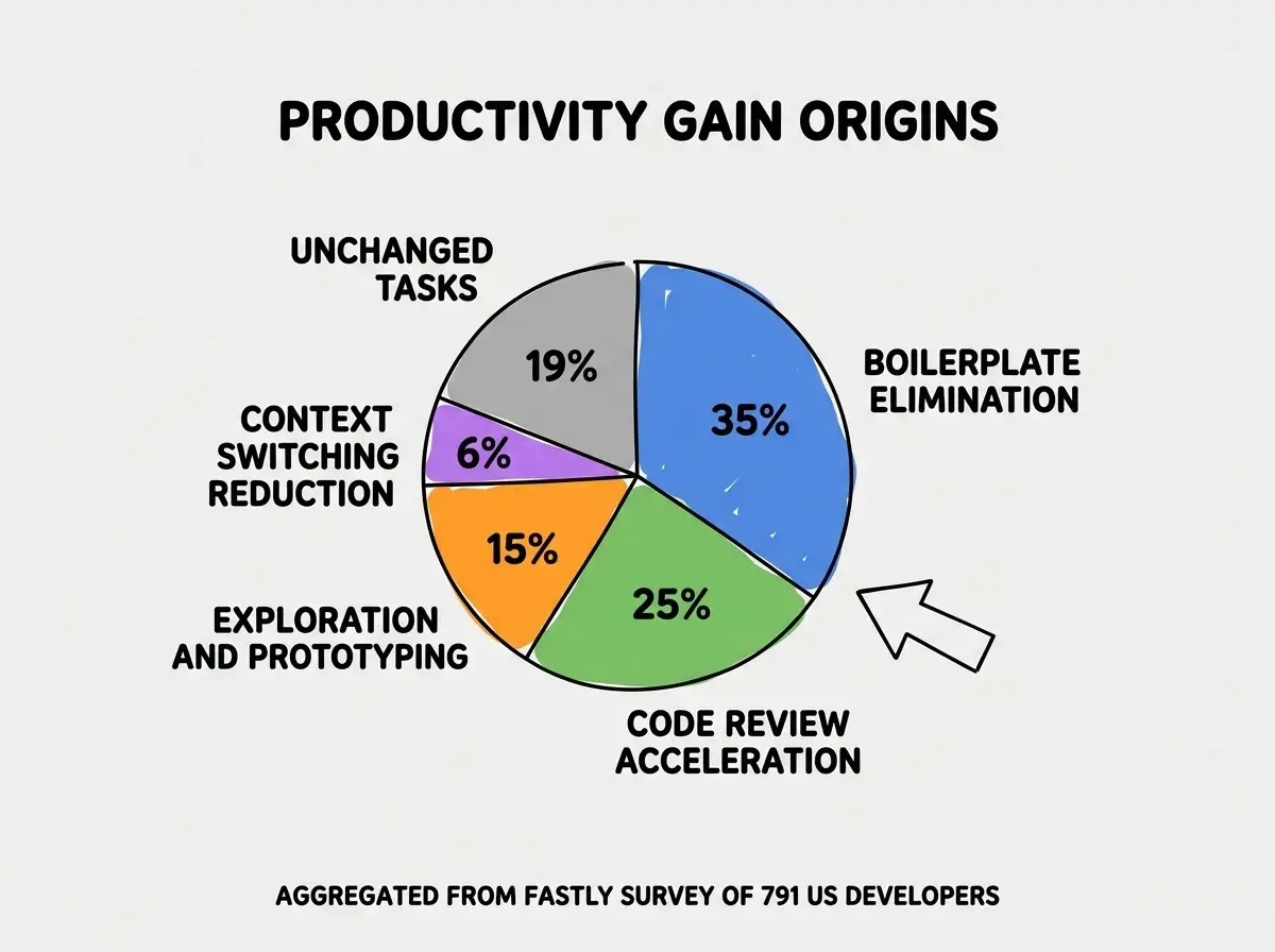 EXPLAINER DIAGRAM: A pie chart split into four segments showing where the 81% productivity gain comes from. Segment 1 is labeled BOILERPLATE ELIMINATION at 35% in blue. Segment 2 is labeled CODE REVIEW ACCELERATION at 25% in green. Segment 3 is labeled EXPLORATION AND PROTOTYPING at 15% in orange. Segment 4 is labeled CONTEXT SWITCHING REDUCTION at 6% in purple. The remaining 19% is a gray segment labeled UNCHANGED TASKS. Below the chart a note reads SOURCE: AGGREGATED FROM FASTLY SURVEY OF 791 US DEVELOPERS.