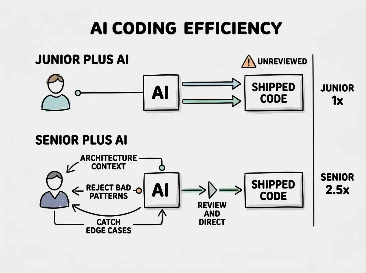 EXPLAINER DIAGRAM: A two-row comparison layout. Top row is labeled JUNIOR PLUS AI showing a single figure icon connected to an AI box, with output arrows going directly to a SHIPPED CODE box. A small warning triangle sits on the output arrows labeled UNREVIEWED. Bottom row is labeled SENIOR PLUS AI showing a single figure icon connected to an AI box, but with output arrows passing through a REVIEW AND DIRECT gate before reaching SHIPPED CODE. The senior figure has three feedback arrows going back to the AI box labeled ARCHITECTURE CONTEXT, REJECT BAD PATTERNS, and CATCH EDGE CASES. A sidebar shows productivity numbers with JUNIOR at 1x and SENIOR at 2.5x.
