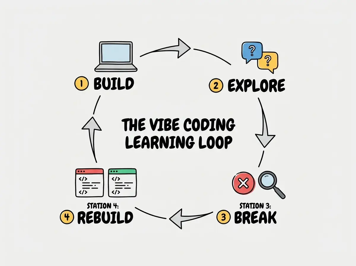 EXPLAINER DIAGRAM: A circular learning loop with four stations connected by arrows. Station 1 at the top labeled BUILD shows a student and AI building a project together, with a laptop icon showing a working app. Station 2 on the right labeled EXPLORE shows the student asking WHY questions about the code, with speech bubbles containing questions like Why useEffect and What is async. Station 3 at the bottom labeled BREAK shows the student removing code and observing errors, with a red error icon and a magnifying glass. Station 4 on the left labeled REBUILD shows the student writing their own version then comparing to AI output, with two code blocks side by side. Center text reads THE VIBE CODING LEARNING LOOP.