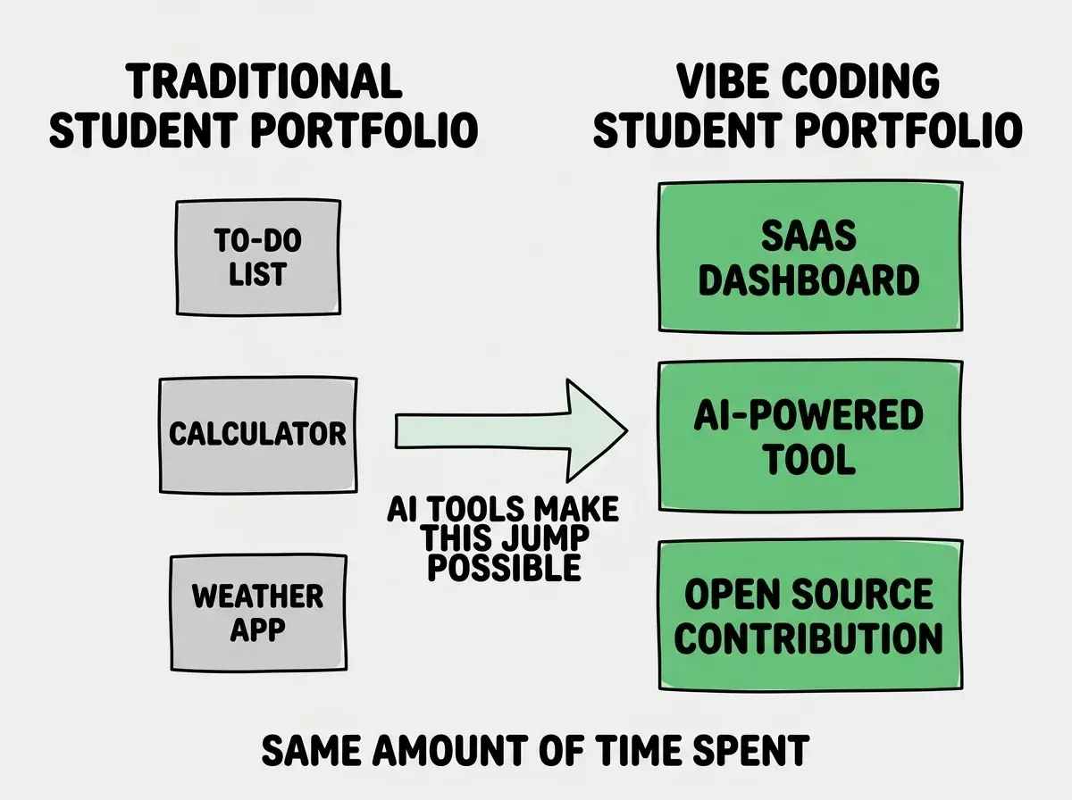 EXPLAINER DIAGRAM: A horizontal comparison showing two columns. Left column labeled TRADITIONAL STUDENT PORTFOLIO shows three small boxes stacked vertically, each containing simple items: a to-do list app, a calculator, and a weather API wrapper, all with gray borders indicating low impact. Right column labeled VIBE CODING STUDENT PORTFOLIO shows three larger boxes: a SaaS dashboard with user auth and payments, an AI-powered tool that solves a real problem, and an open source contribution with PR merged, all with green borders indicating high impact. Between the columns a large arrow points from left to right labeled AI TOOLS MAKE THIS JUMP POSSIBLE. Below both columns a note reads SAME AMOUNT OF TIME SPENT.